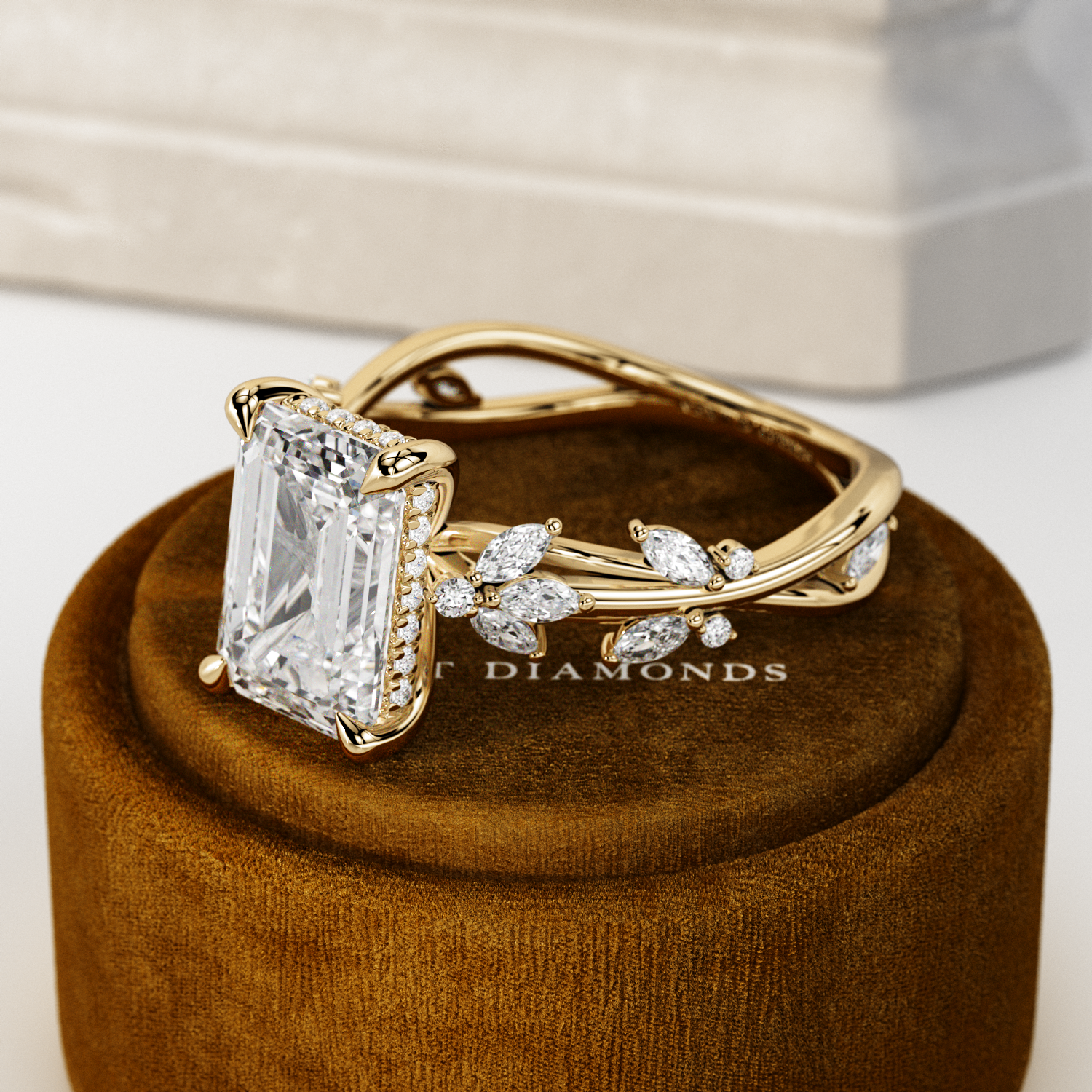 3 carat Emerald cut lab-grown diamond IGI certified, side stones engagement ring in 14K Yellow Gold.