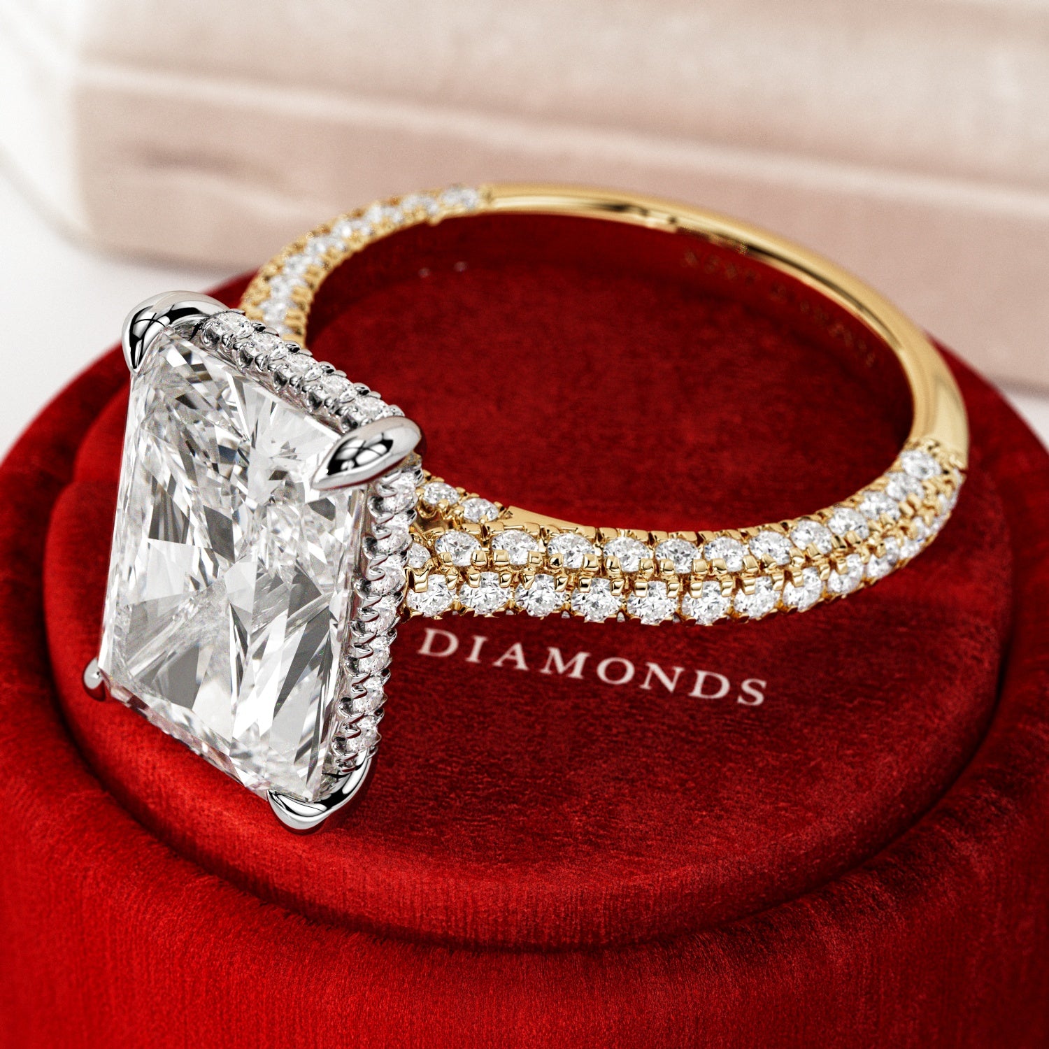 5 carat Radiant cut lab-grown diamond IGI certified, hidden halo engagement ring.