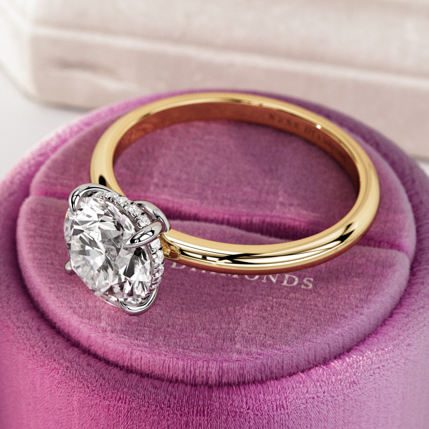2 carat Round Brilliant cut lab-grown diamond IGI certified, hidden halo engagement ring.
