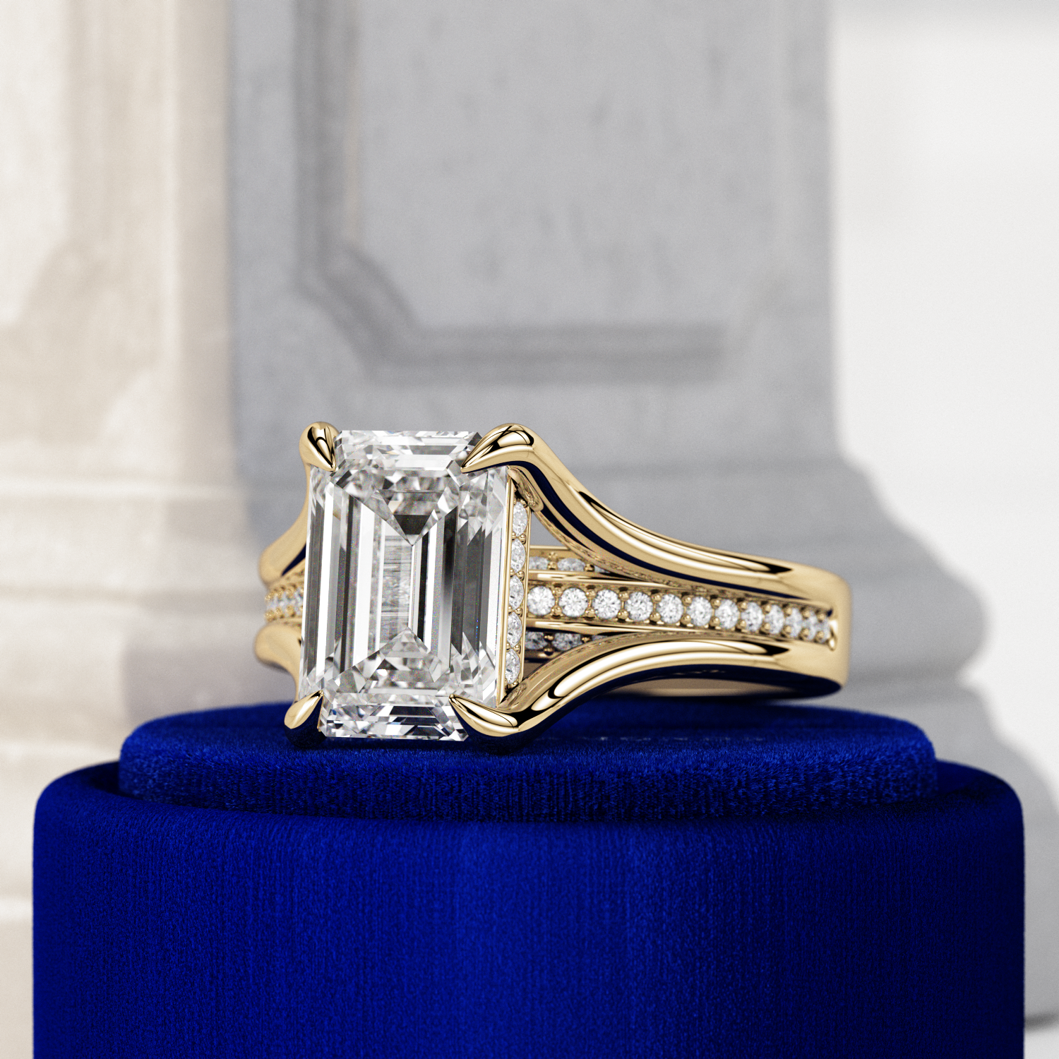 3 carat Emerald cut lab-grown diamond IGI certified, hidden halo engagement ring.