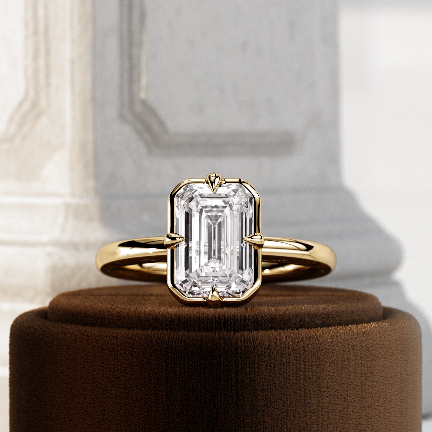 2 carat Elongated Cushion cut lab-grown diamond IGI certified, bezel engagement ring in 14K Yellow Gold.