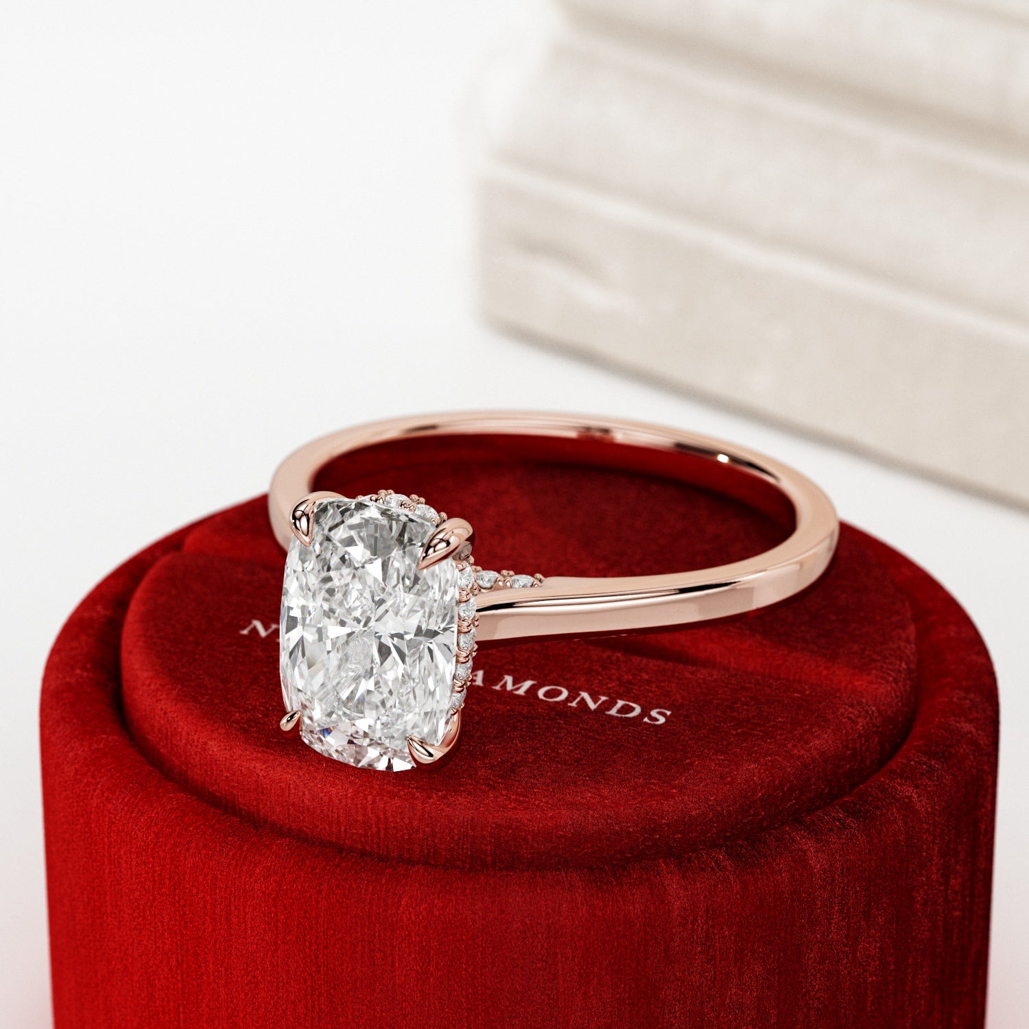 2 carat Elongated Cushion cut lab-grown diamond IGI certified, hidden halo engagement ring.