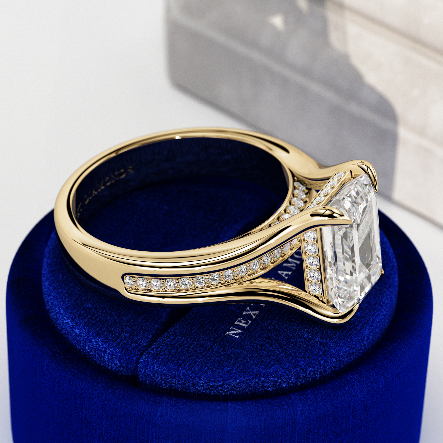 3 carat Emerald cut lab-grown diamond IGI certified, hidden halo engagement ring.