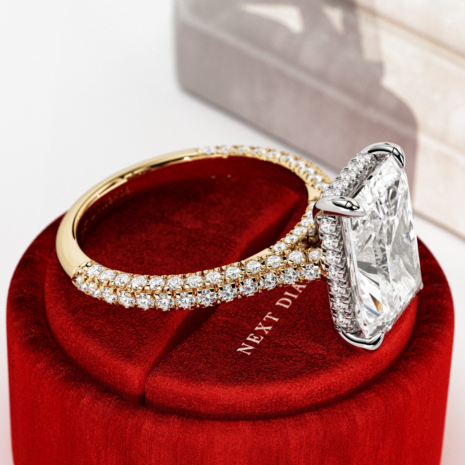5 carat Radiant cut lab-grown diamond IGI certified, hidden halo engagement ring.