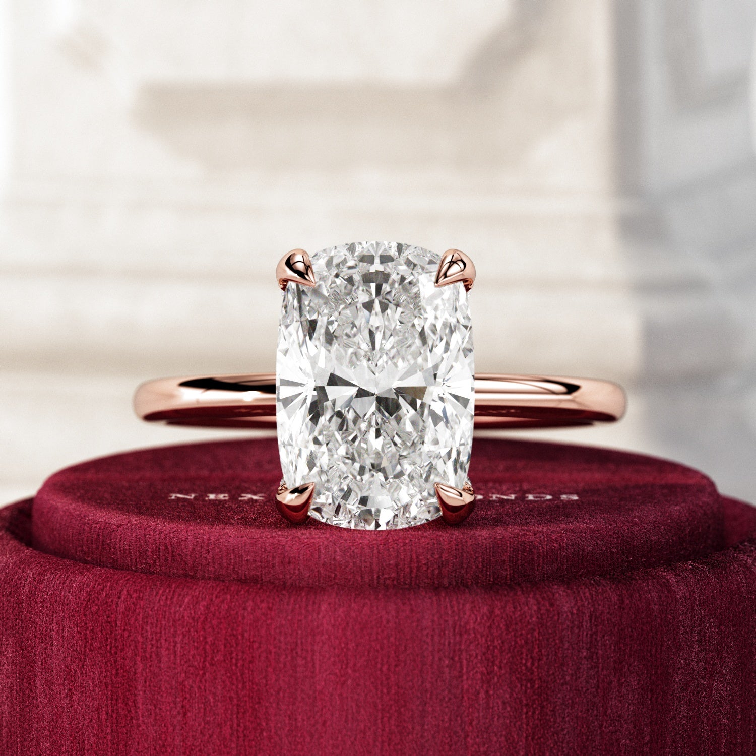 3 carat Elongated Cushion cut lab-grown diamond IGI certified, hidden halo engagement ring in 14K Rose Gold.
