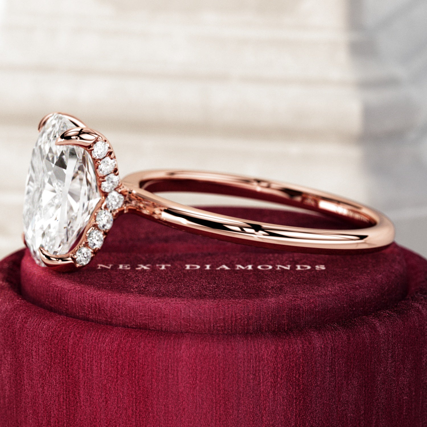 3 carat Elongated Cushion cut lab-grown diamond IGI certified, hidden halo engagement ring.