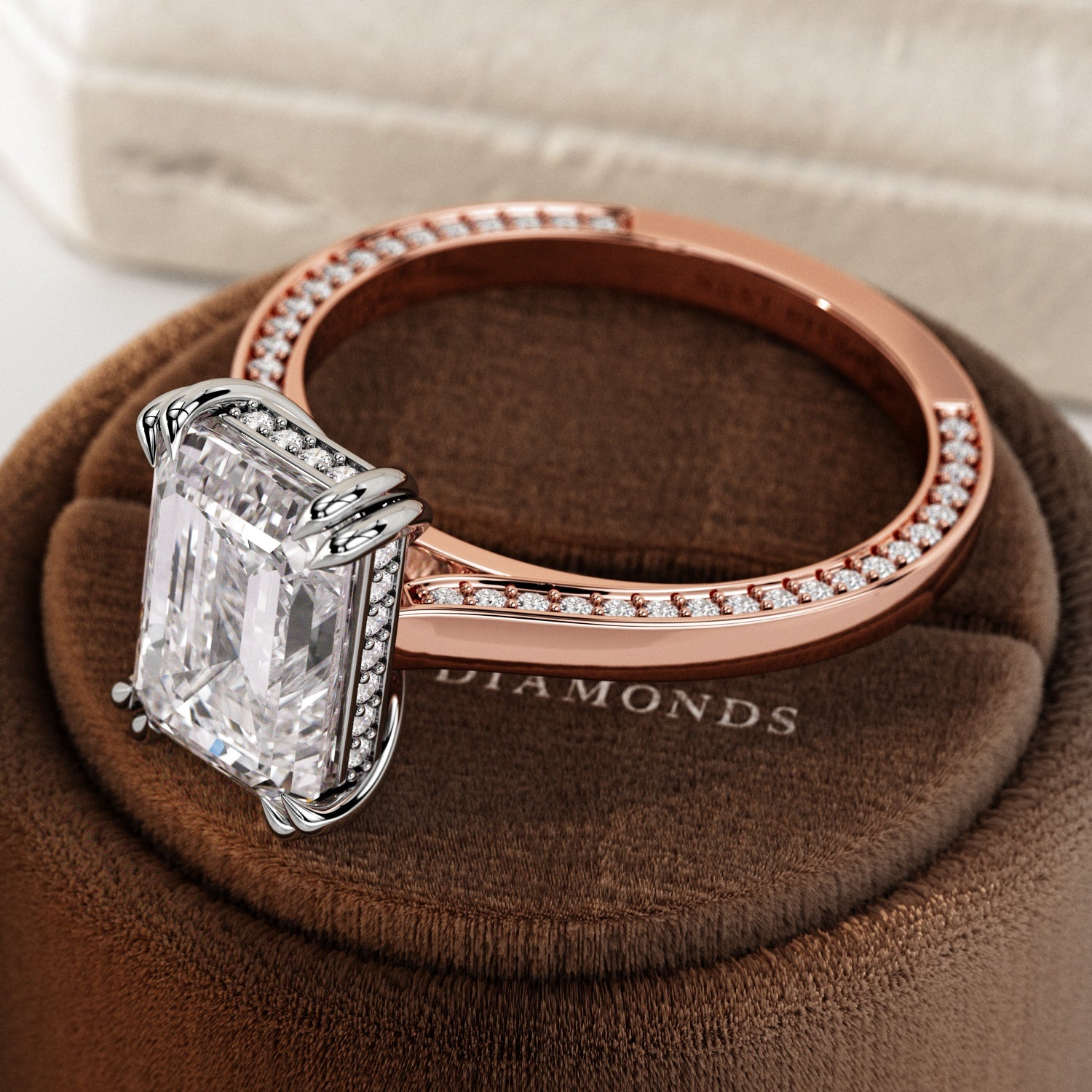 3 carat Emerald cut lab-grown diamond IGI certified, hidden halo engagement ring.