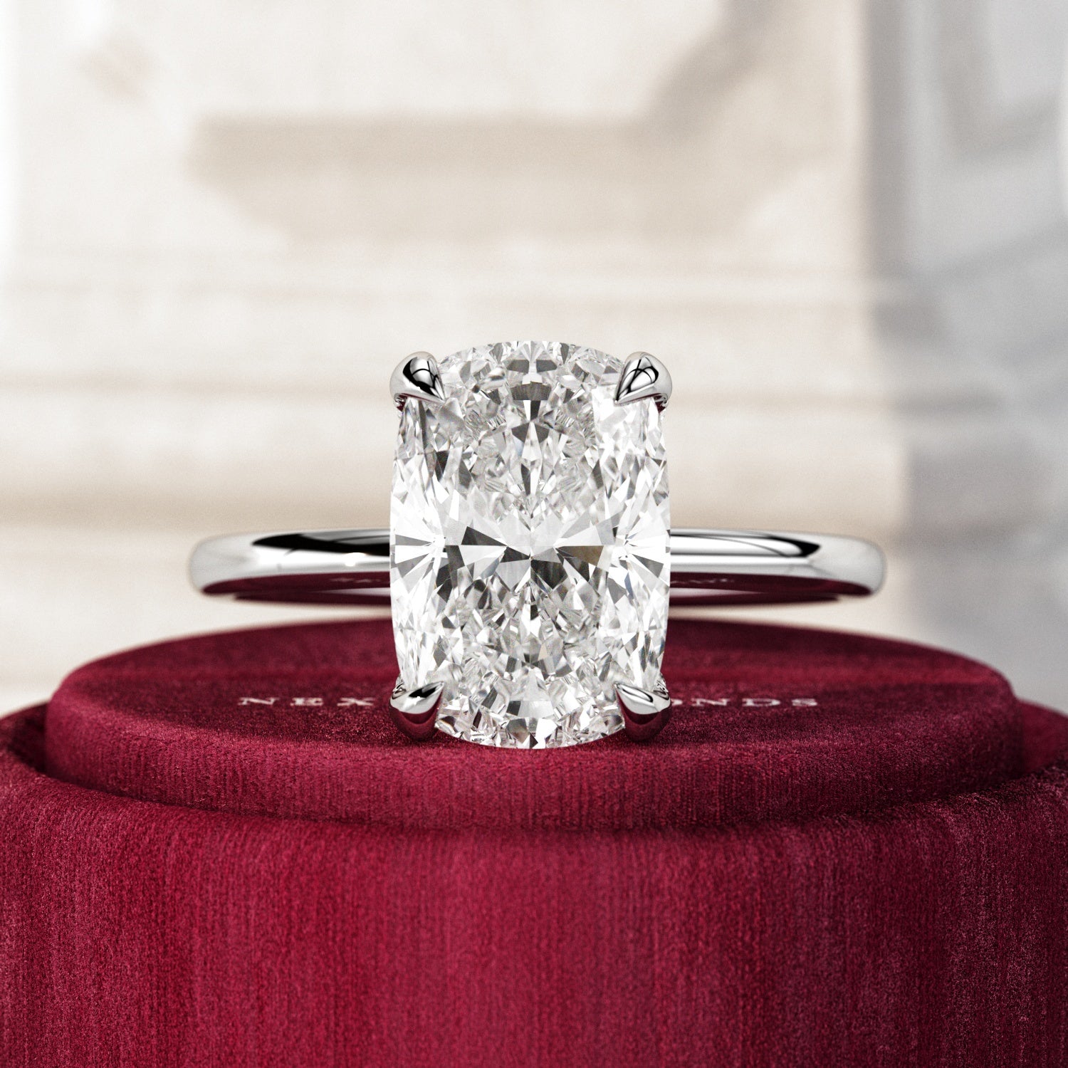 3 carat Elongated Cushion cut lab-grown diamond IGI certified, hidden halo engagement ring in 14K White Gold.