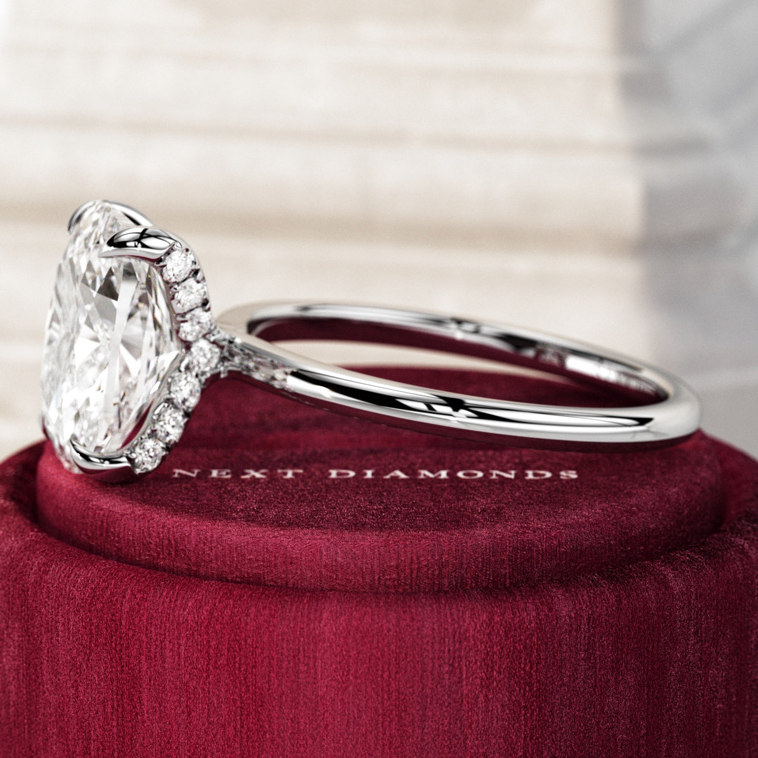 3 carat Elongated Cushion cut lab-grown diamond IGI certified, hidden halo engagement ring.