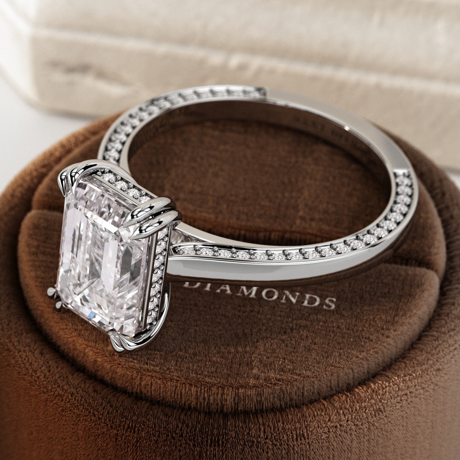 3 carat Emerald cut lab-grown diamond IGI certified, hidden halo engagement ring.