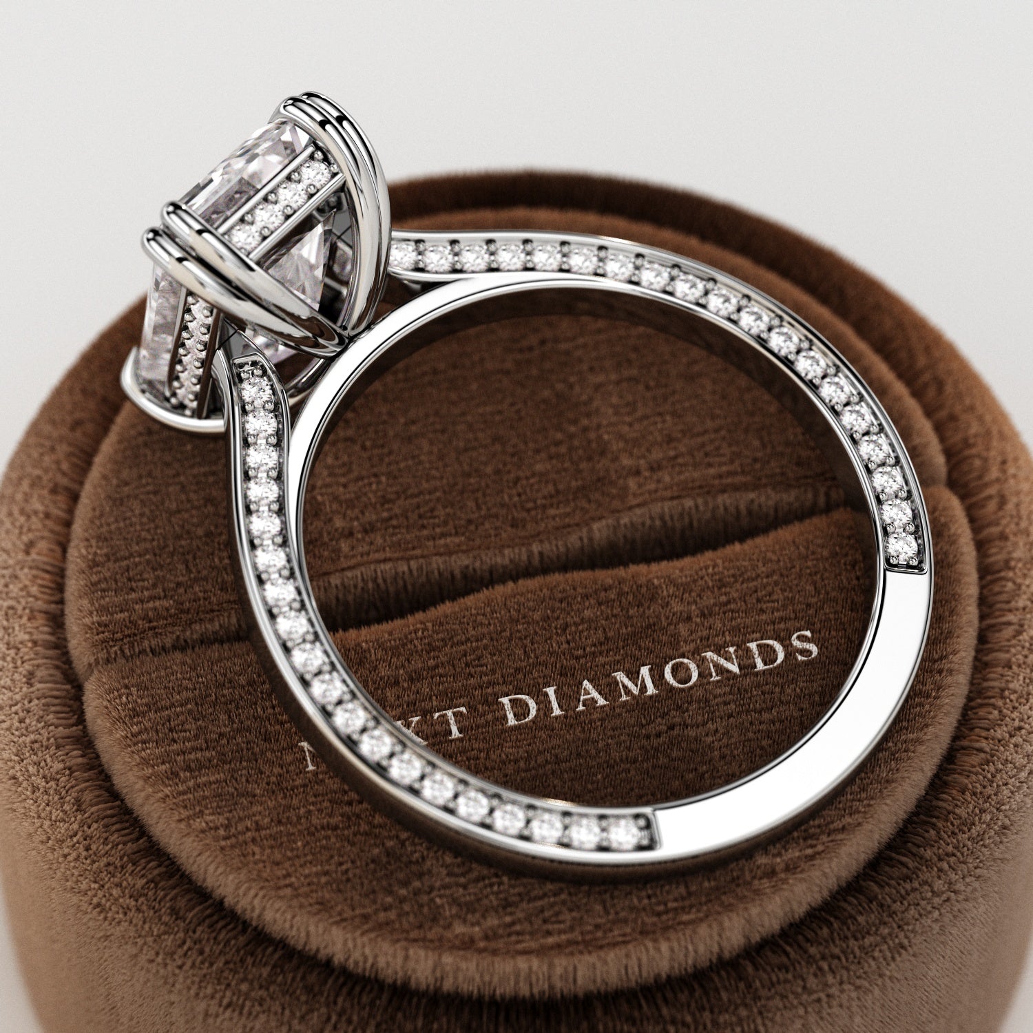 3 carat Emerald cut lab-grown diamond IGI certified, hidden halo engagement ring.