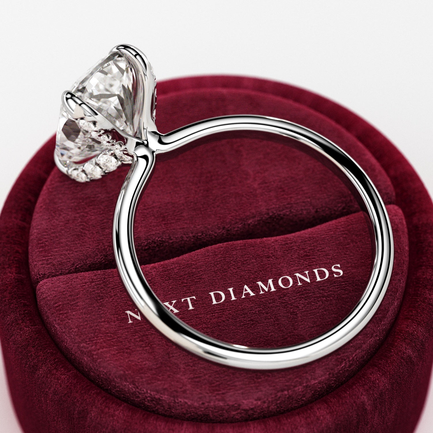 3 carat Elongated Cushion cut lab-grown diamond IGI certified, hidden halo engagement ring.