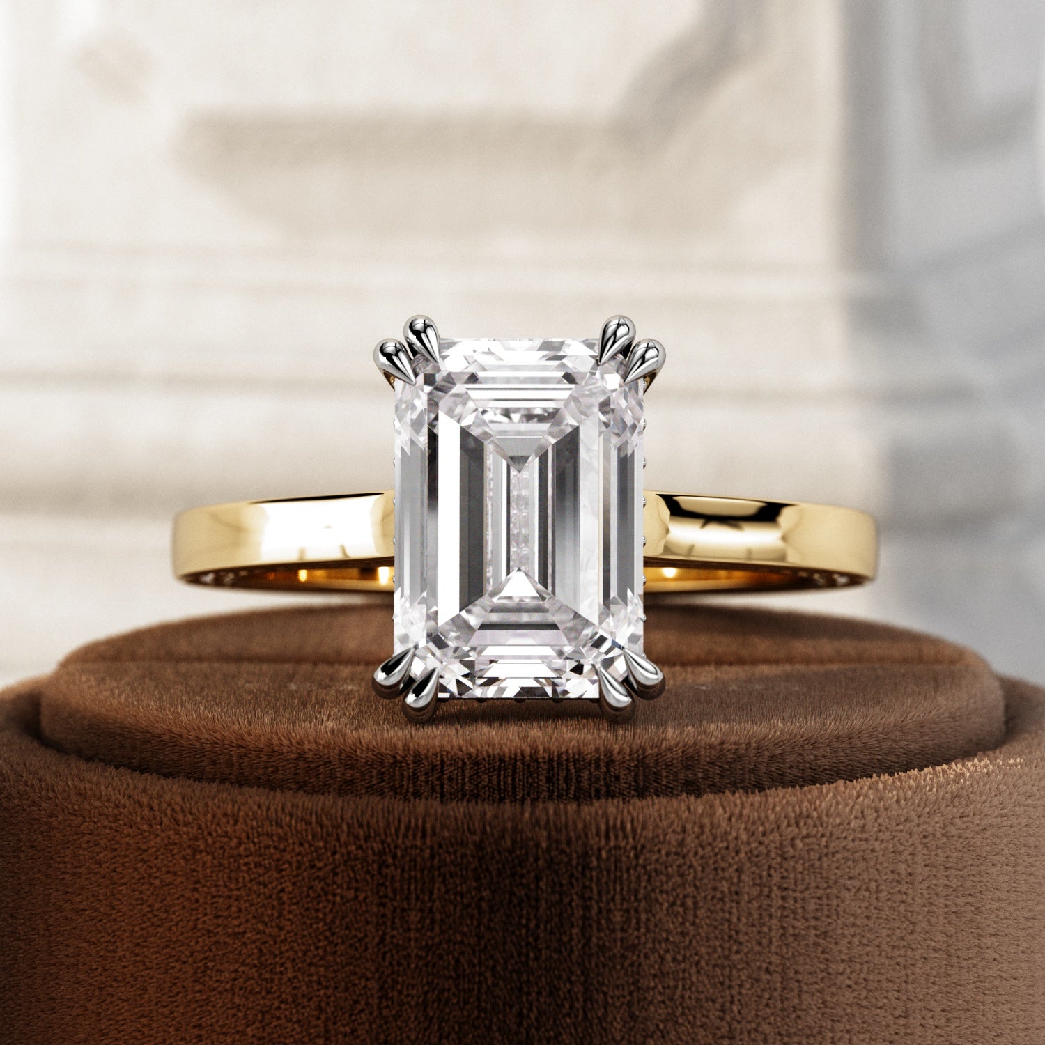 3 carat Emerald cut lab-grown diamond IGI certified, hidden halo engagement ring in 14K Yellow Gold.