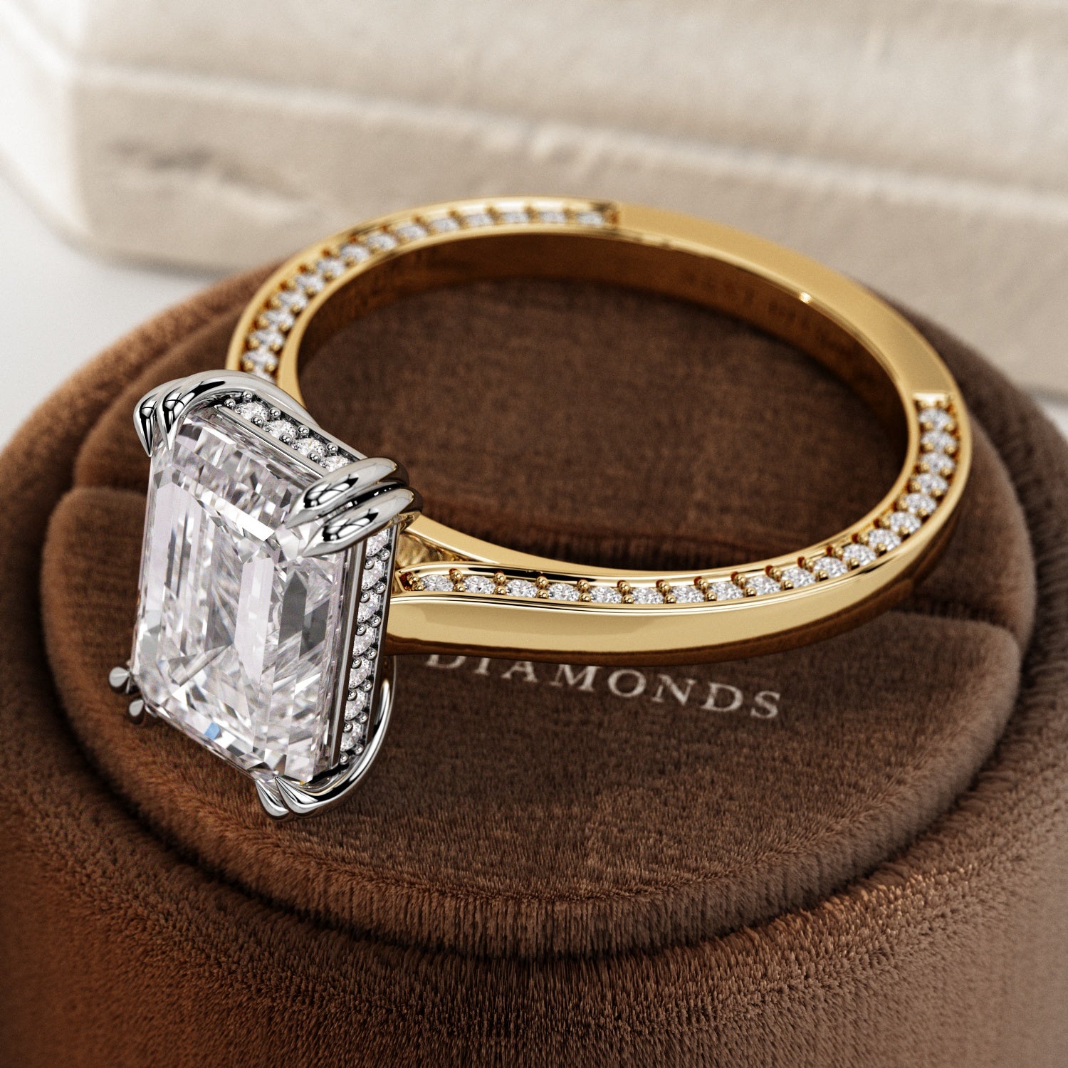 3 carat Emerald cut lab-grown diamond IGI certified, hidden halo engagement ring.