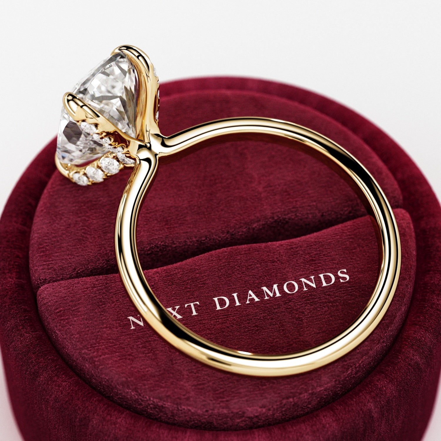 3 carat Elongated Cushion cut lab-grown diamond IGI certified, hidden halo engagement ring.