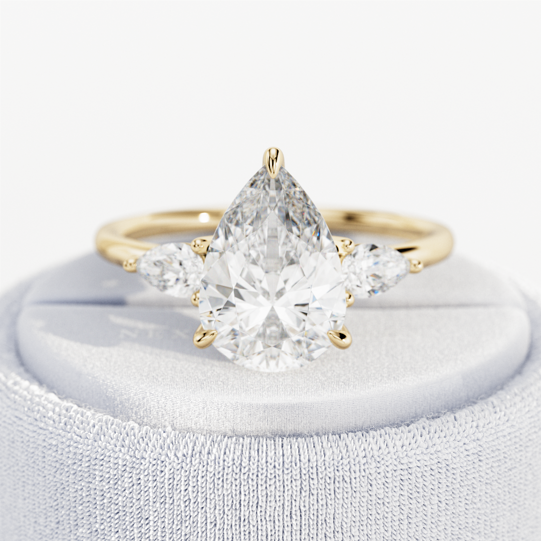 3 carat Pear cut lab-grown diamond IGI certified, three stone engagement ring.