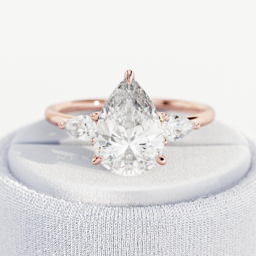 3 carat Pear cut lab-grown diamond IGI certified, three stone engagement ring.