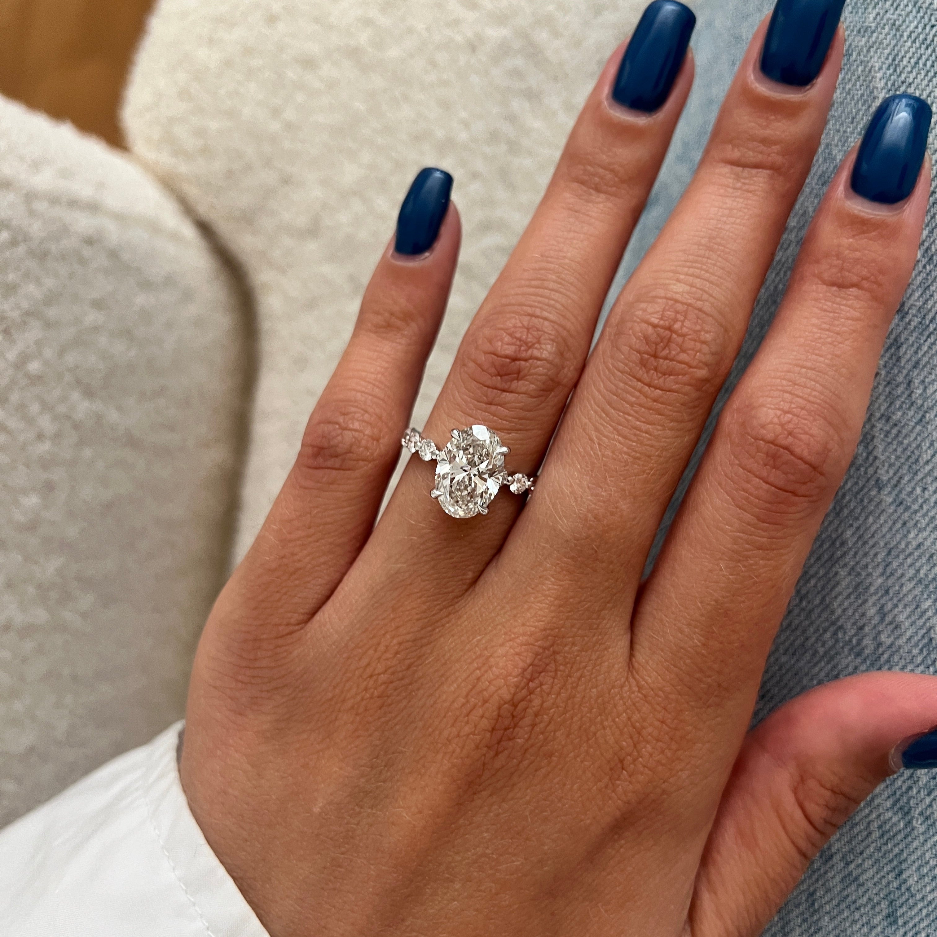 5 carat Oval cut lab-grown diamond IGI certified, side stones engagement ring.