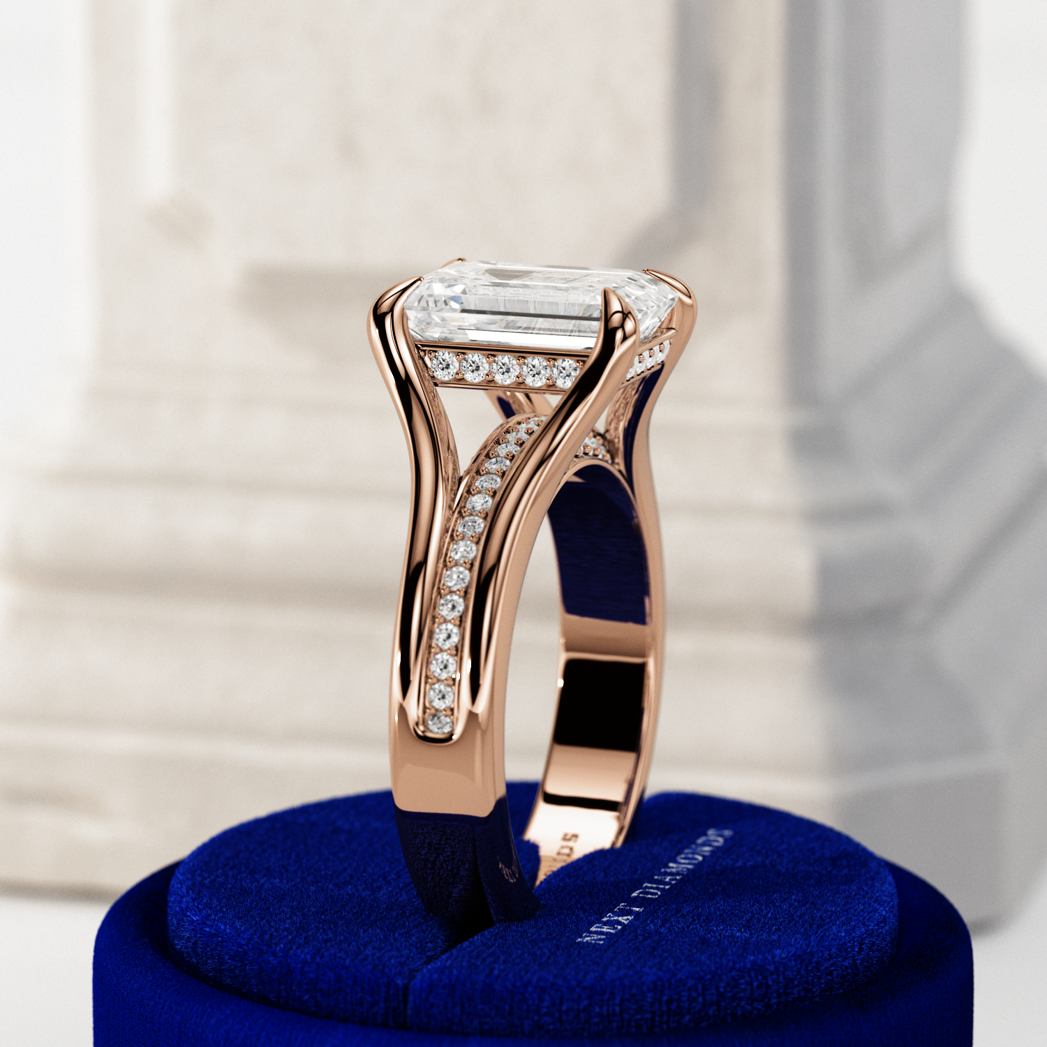 3 carat Emerald cut lab-grown diamond IGI certified, hidden halo engagement ring.