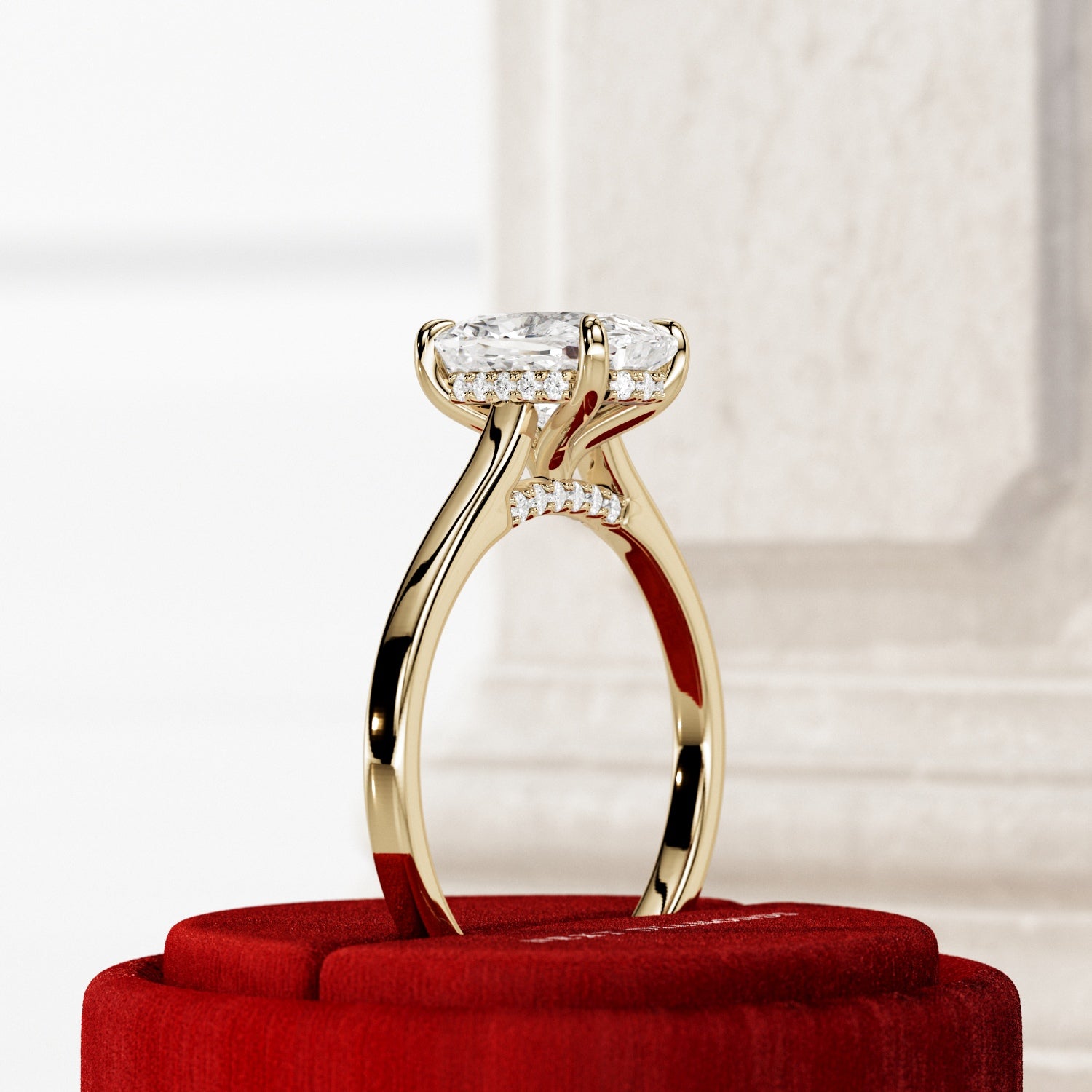 2 carat Elongated Cushion cut lab-grown diamond IGI certified, hidden halo engagement ring.