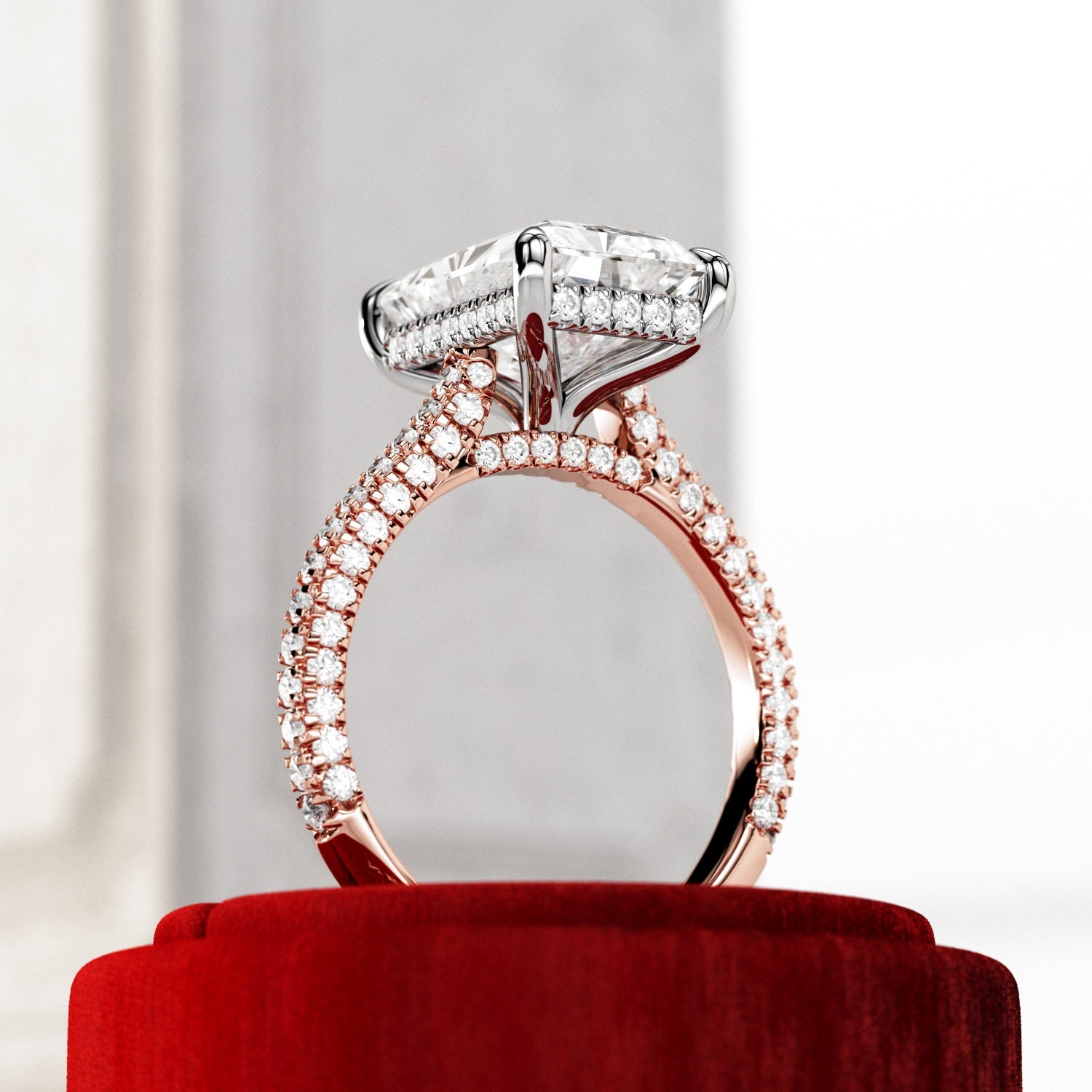 5 carat Radiant cut lab-grown diamond IGI certified, hidden halo engagement ring.