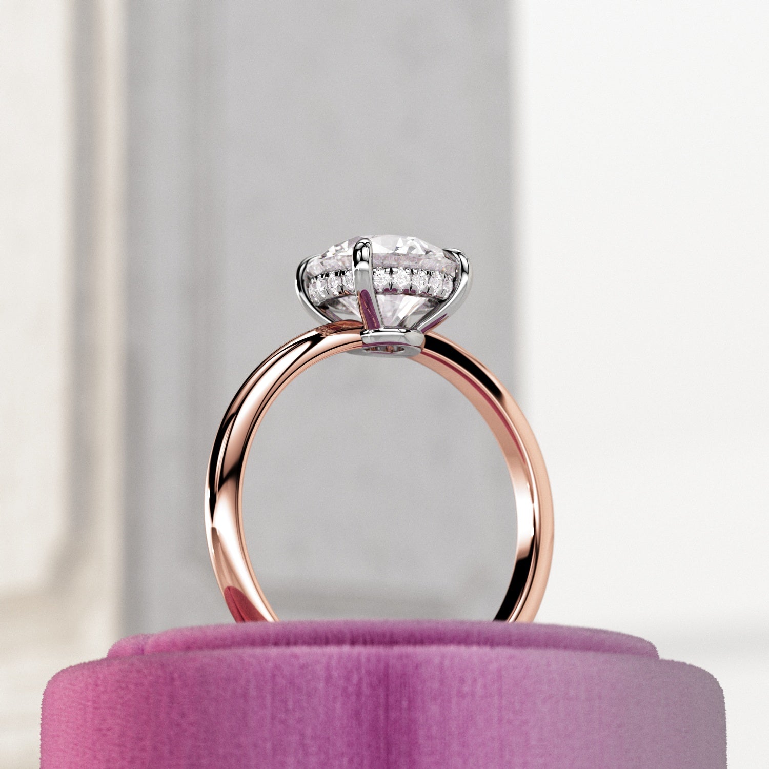 2 carat Round Brilliant cut lab-grown diamond IGI certified, hidden halo engagement ring.