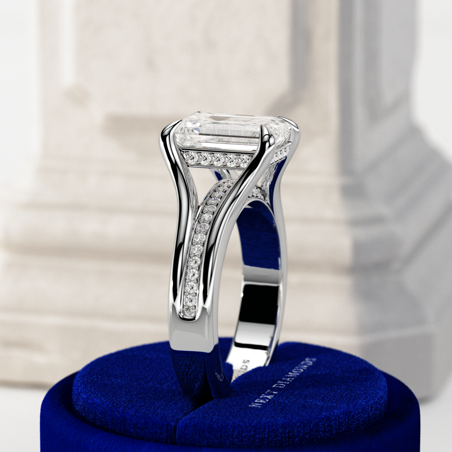 3 carat Emerald cut lab-grown diamond IGI certified, hidden halo engagement ring.