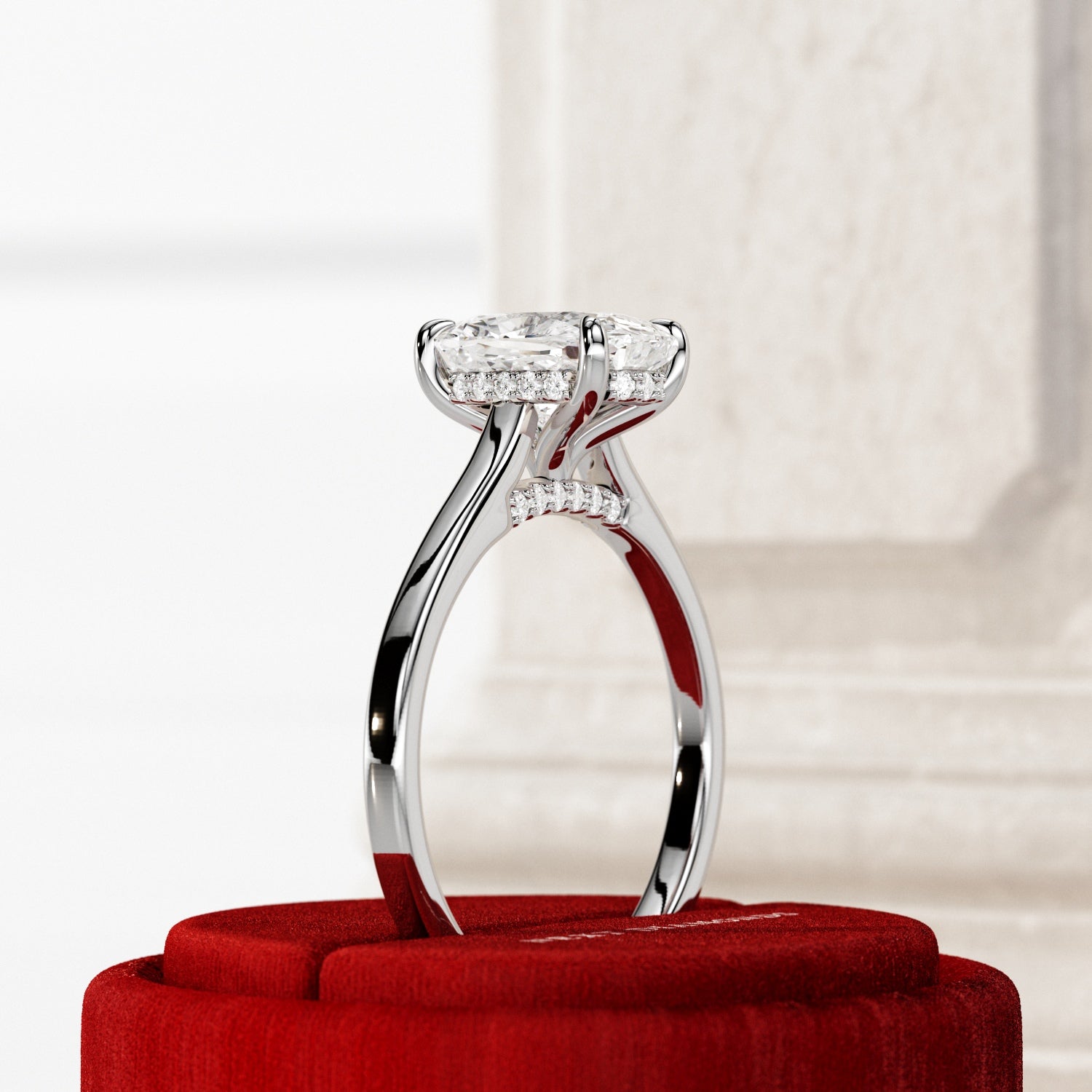 2 carat Elongated Cushion cut lab-grown diamond IGI certified, hidden halo engagement ring.