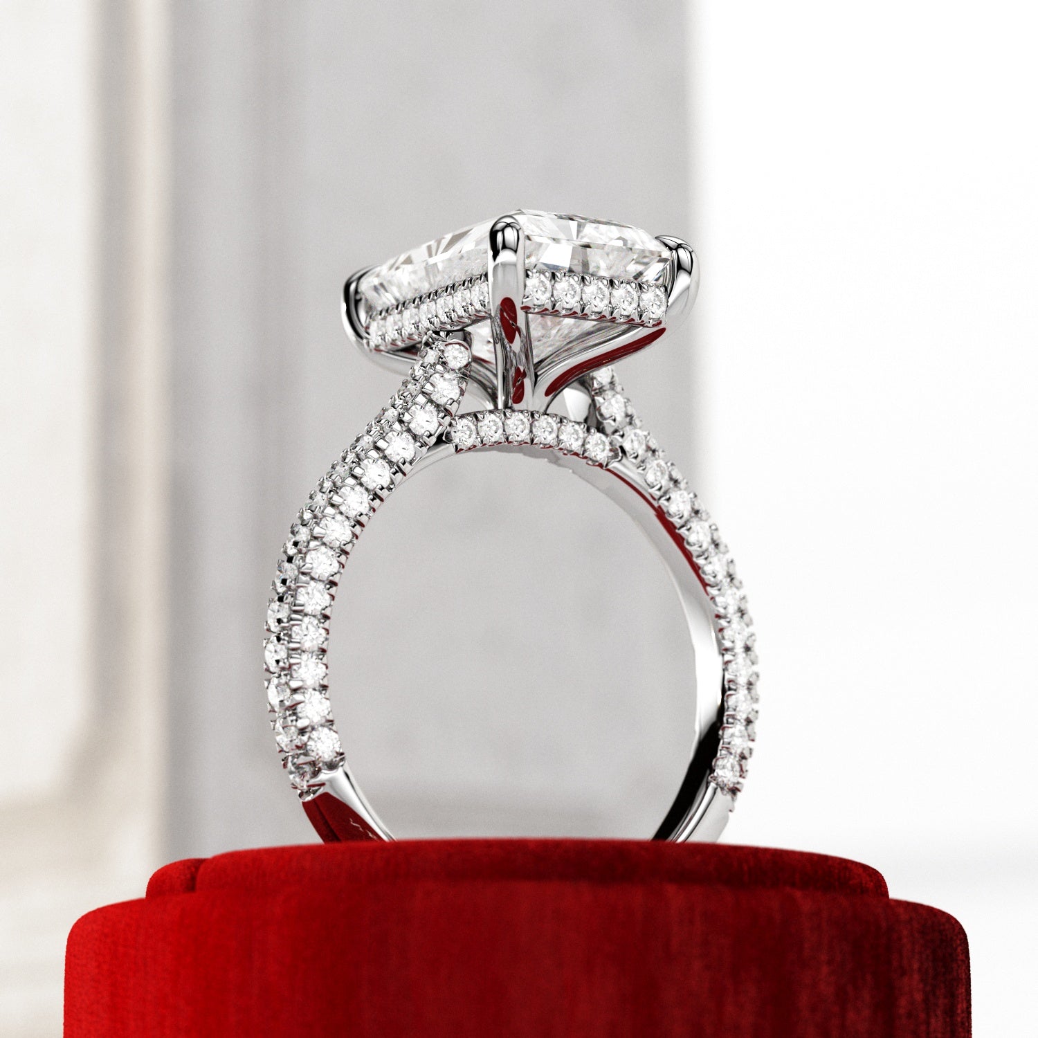 5 carat Radiant cut lab-grown diamond IGI certified, hidden halo engagement ring.