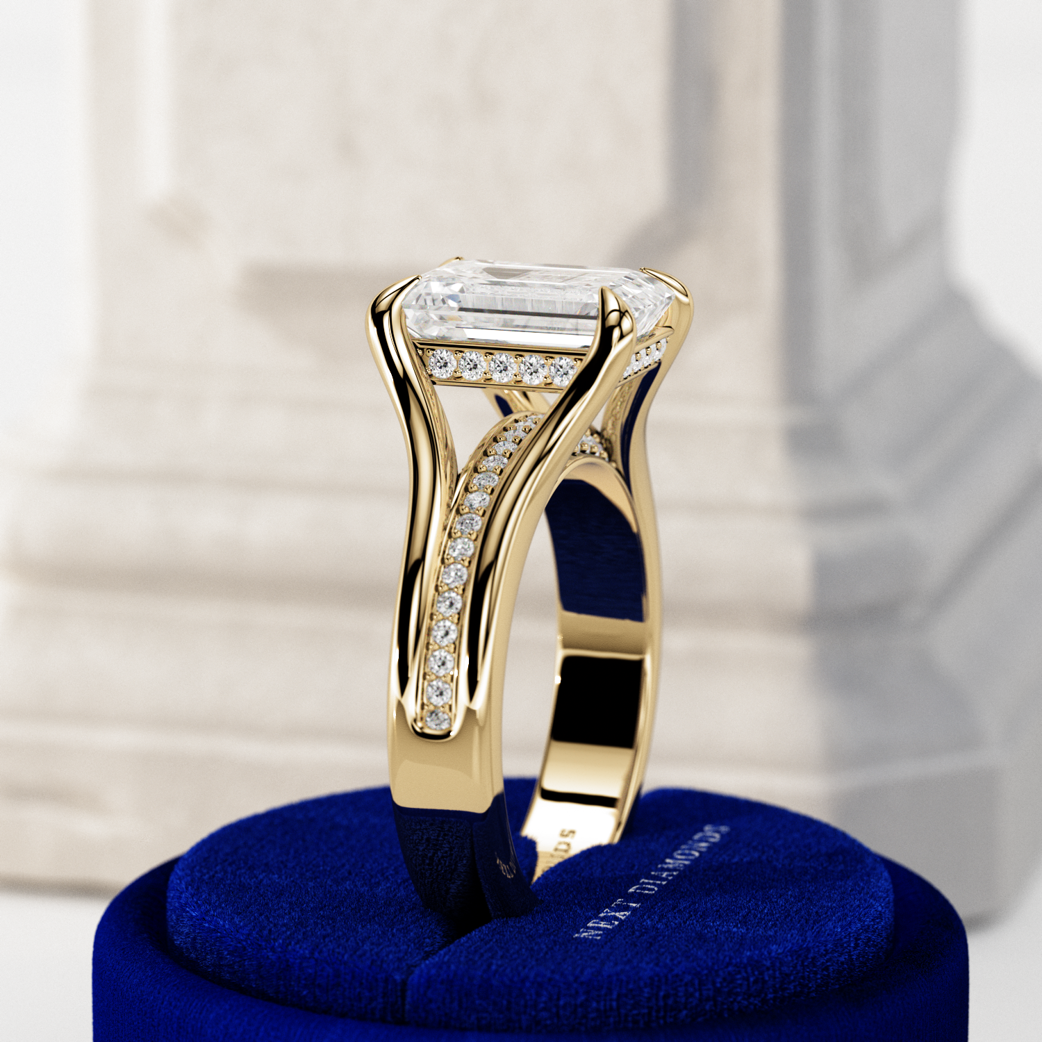 3 carat Emerald cut lab-grown diamond IGI certified, hidden halo engagement ring.