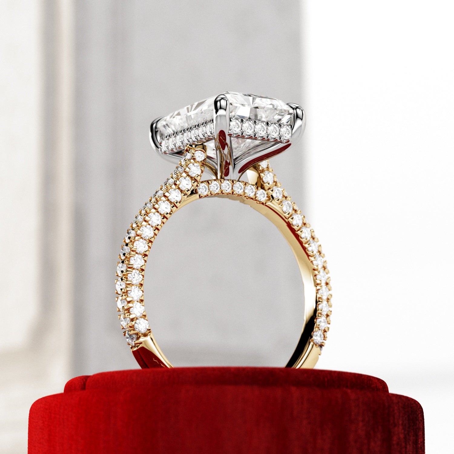 5 carat Radiant cut lab-grown diamond IGI certified, hidden halo engagement ring.