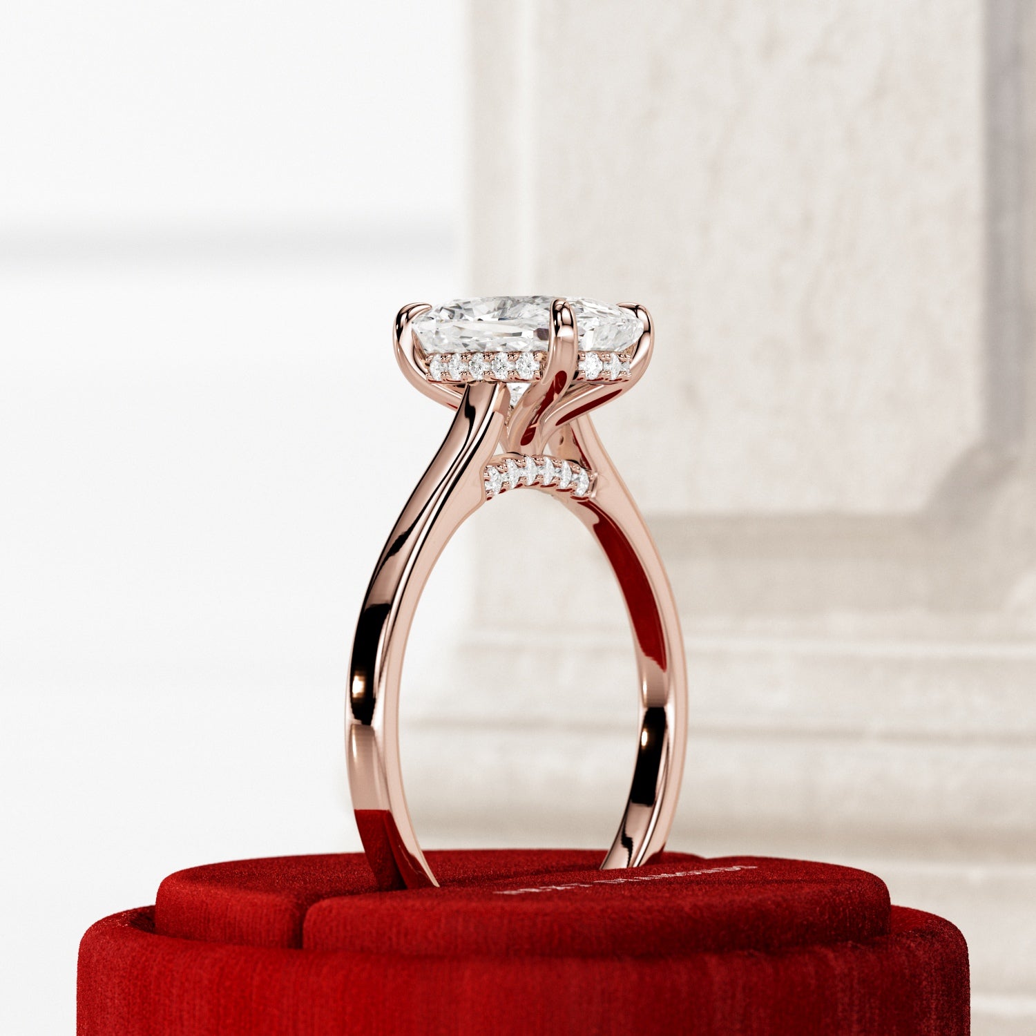 2 carat Elongated Cushion cut lab-grown diamond IGI certified, hidden halo engagement ring.