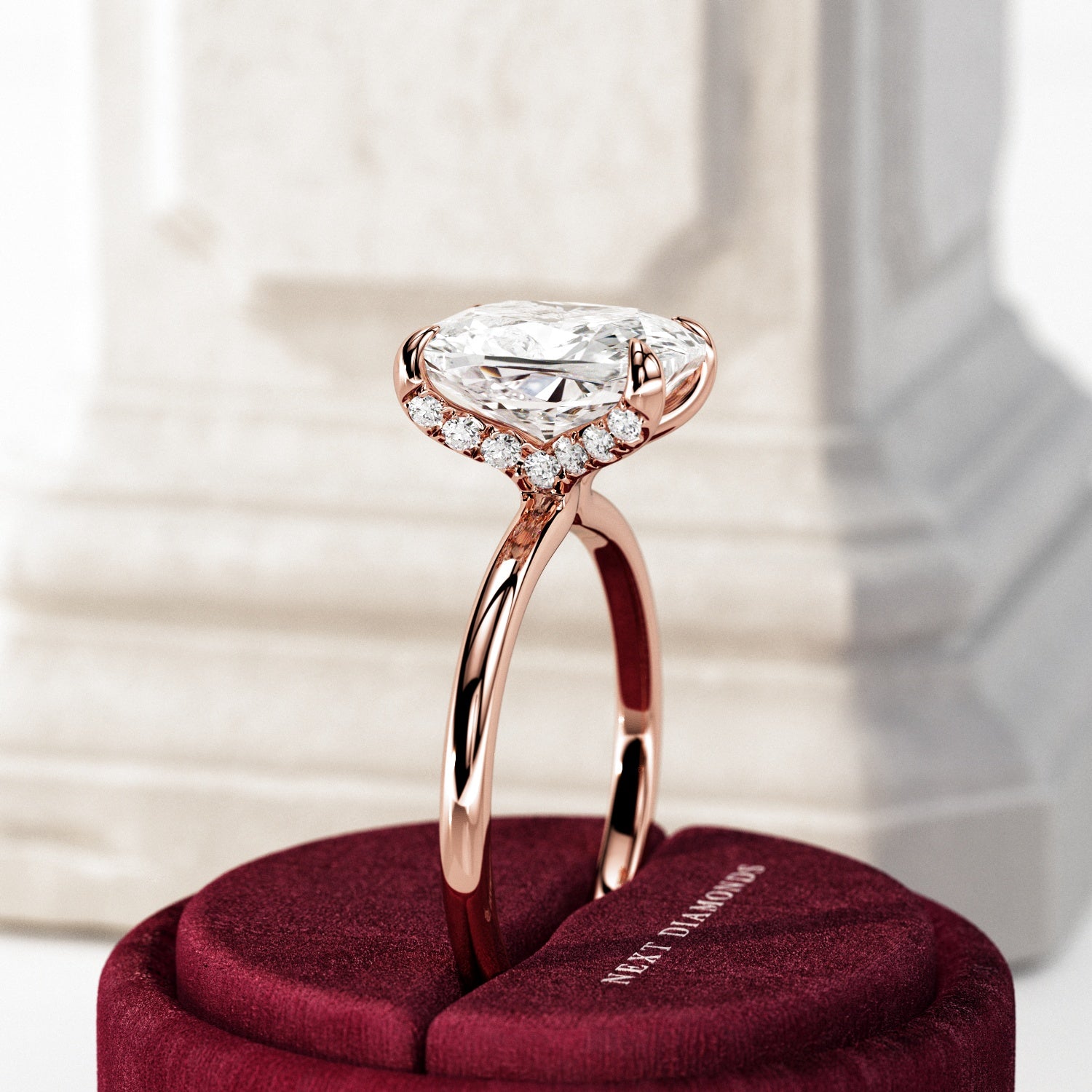 3 carat Elongated Cushion cut lab-grown diamond IGI certified, hidden halo engagement ring.