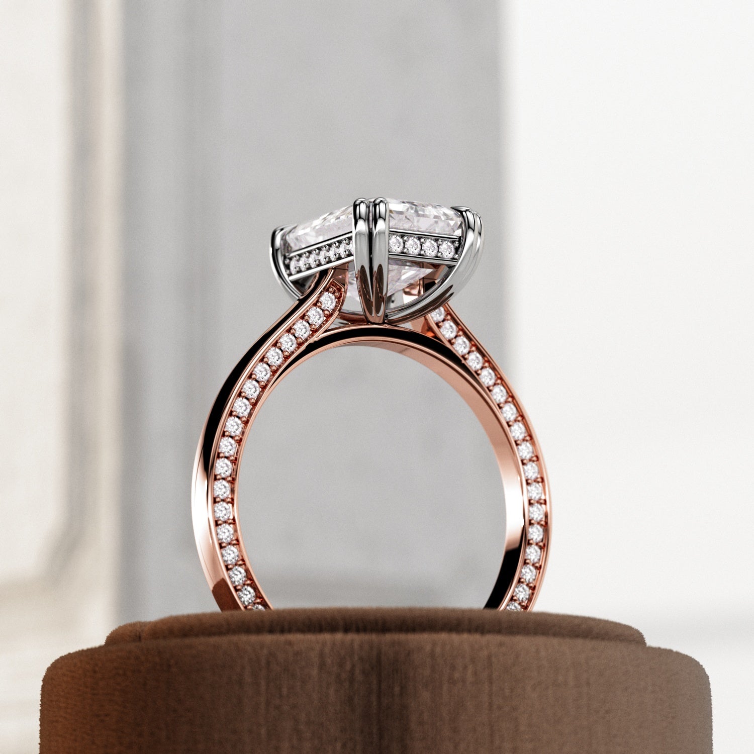 3 carat Emerald cut lab-grown diamond IGI certified, hidden halo engagement ring.