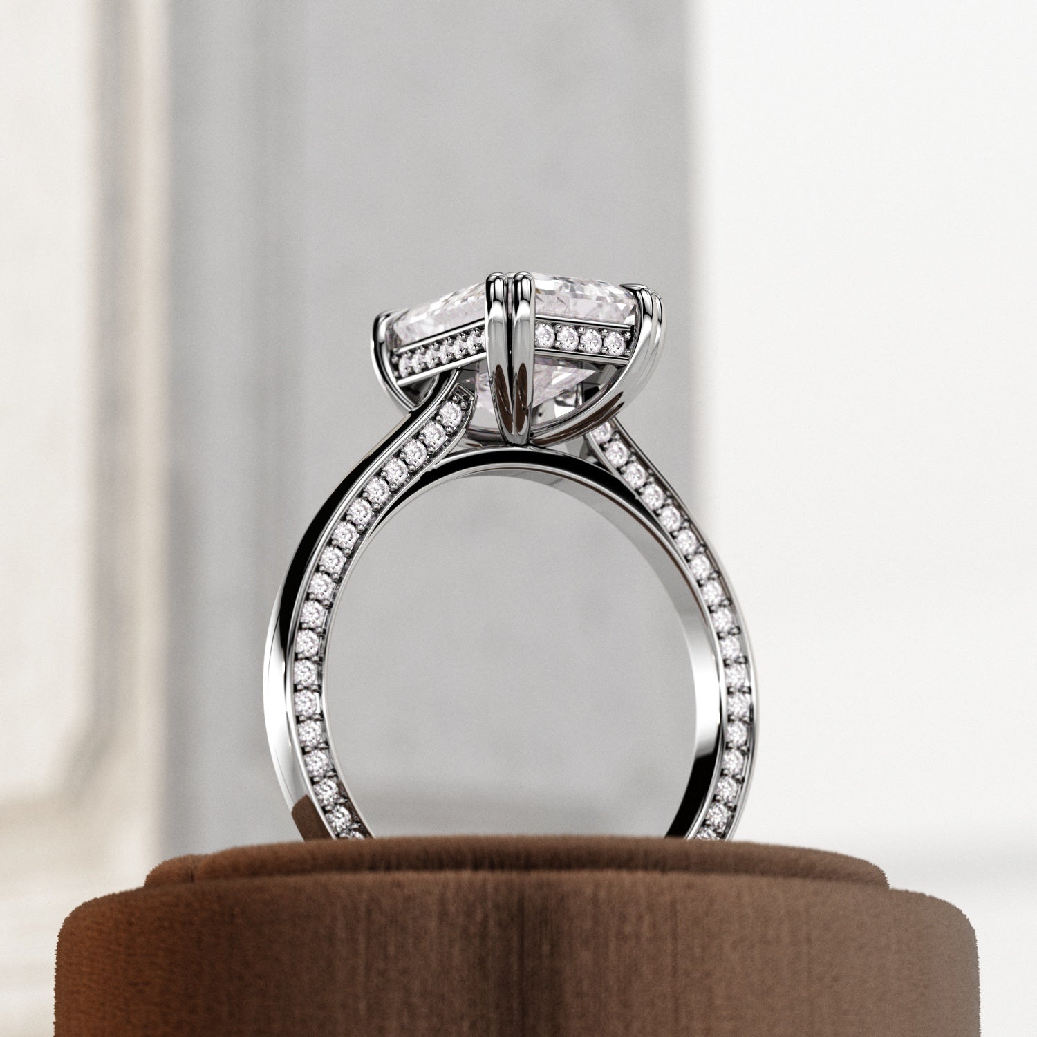3 carat Emerald cut lab-grown diamond IGI certified, hidden halo engagement ring.