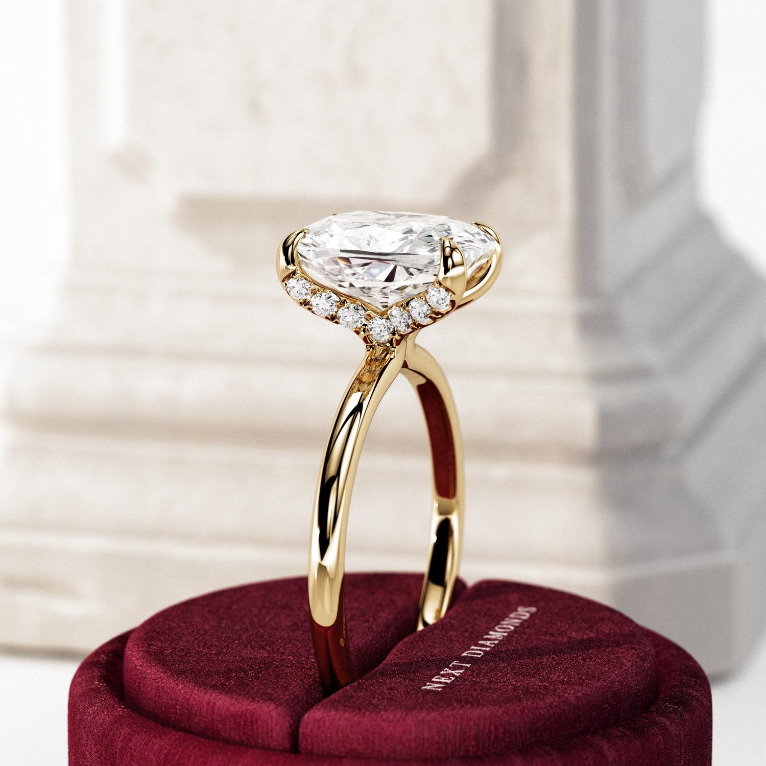 3 carat Elongated Cushion cut lab-grown diamond IGI certified, hidden halo engagement ring.