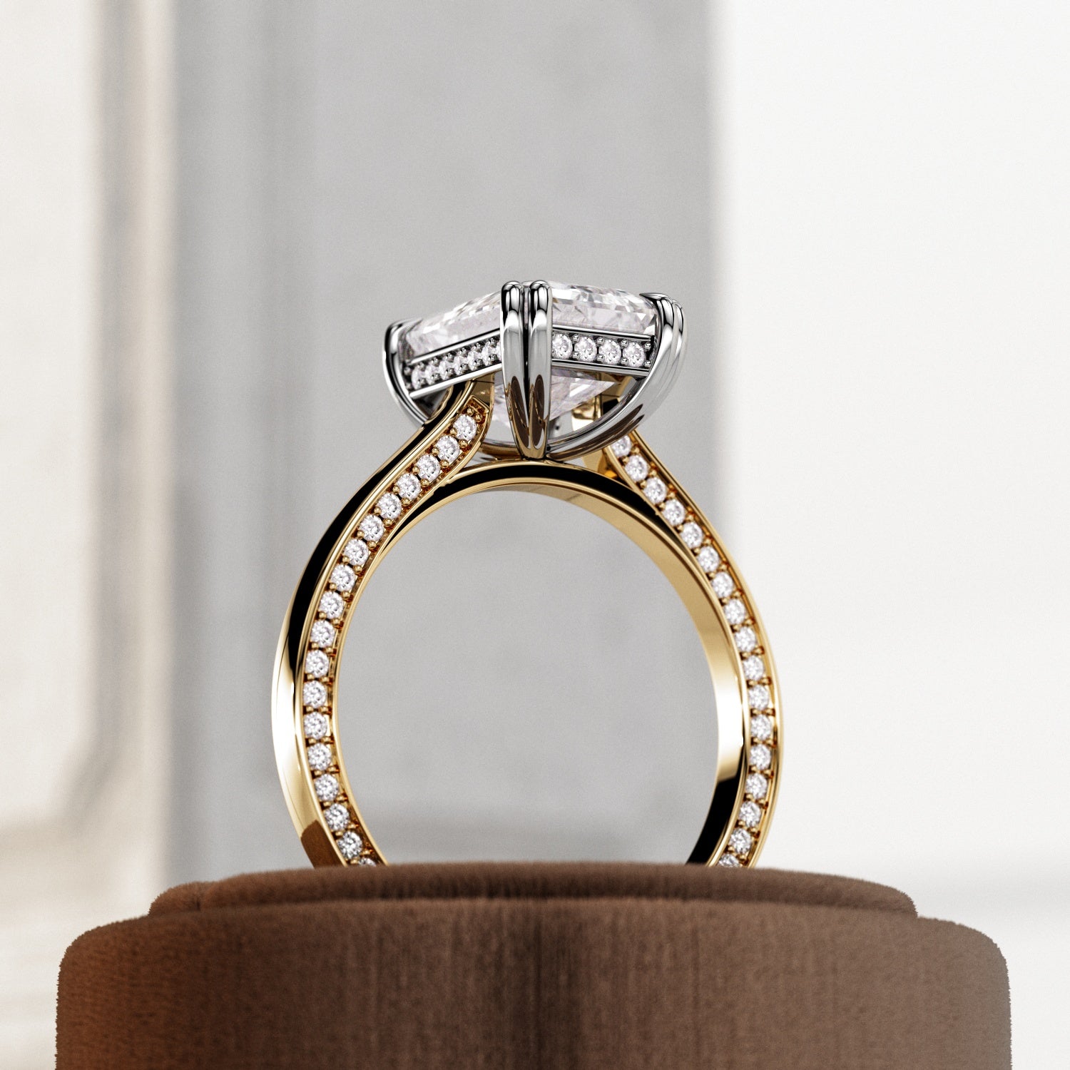 3 carat Emerald cut lab-grown diamond IGI certified, hidden halo engagement ring.