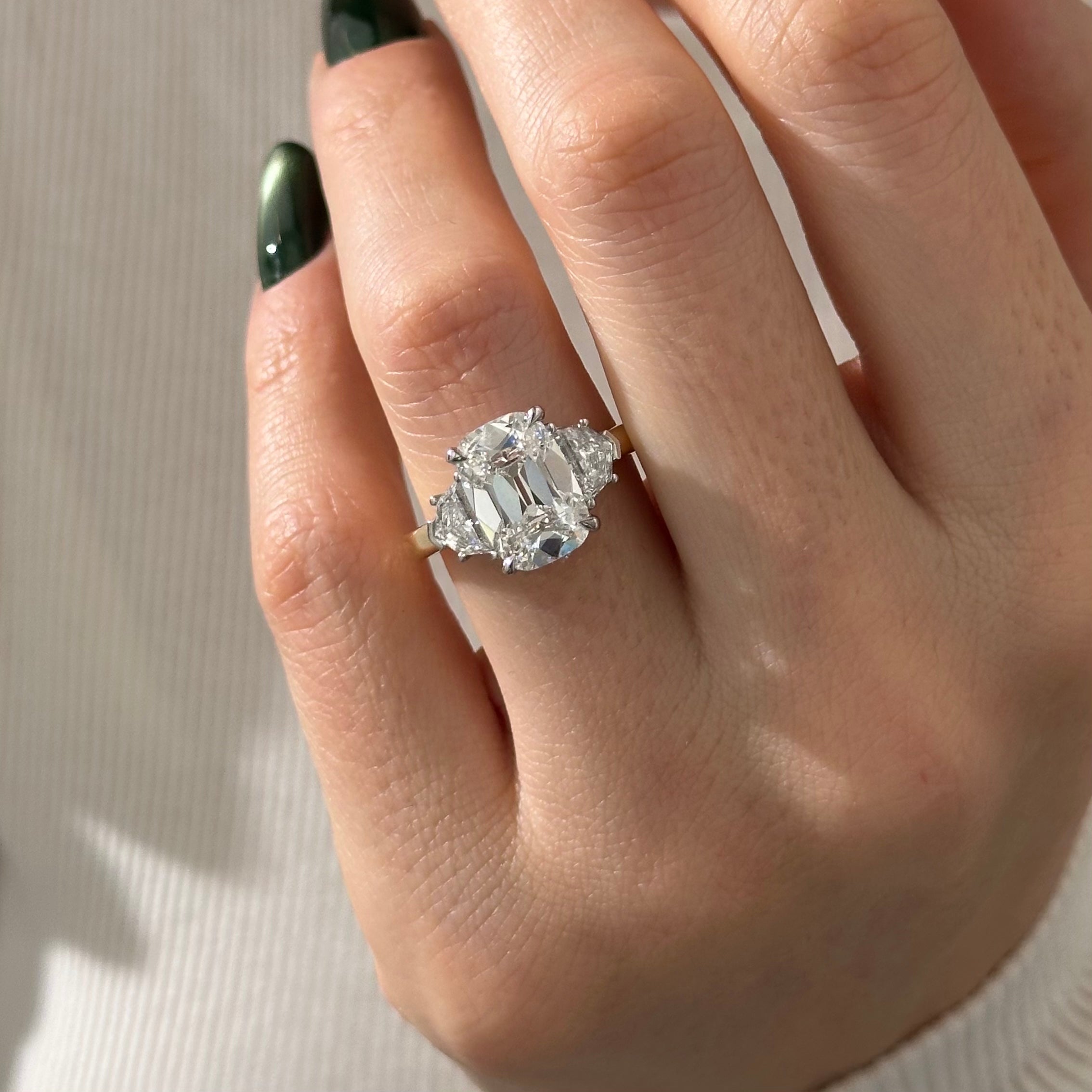 5 carat Oval cut lab-grown diamond IGI certified, three stone engagement ring.
