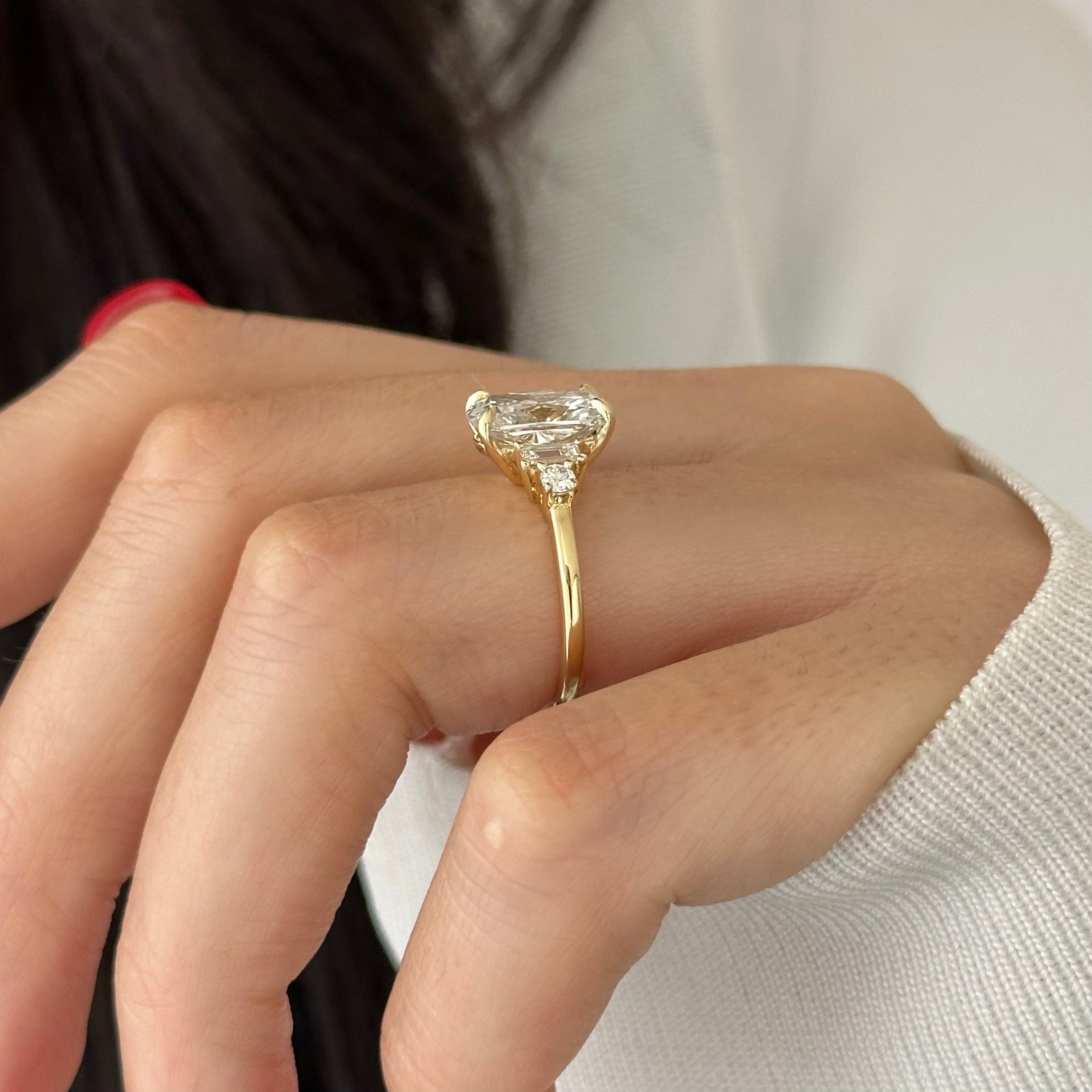 3 carat Elongated Cushion cut lab-grown diamond IGI certified, side stones engagement ring.
