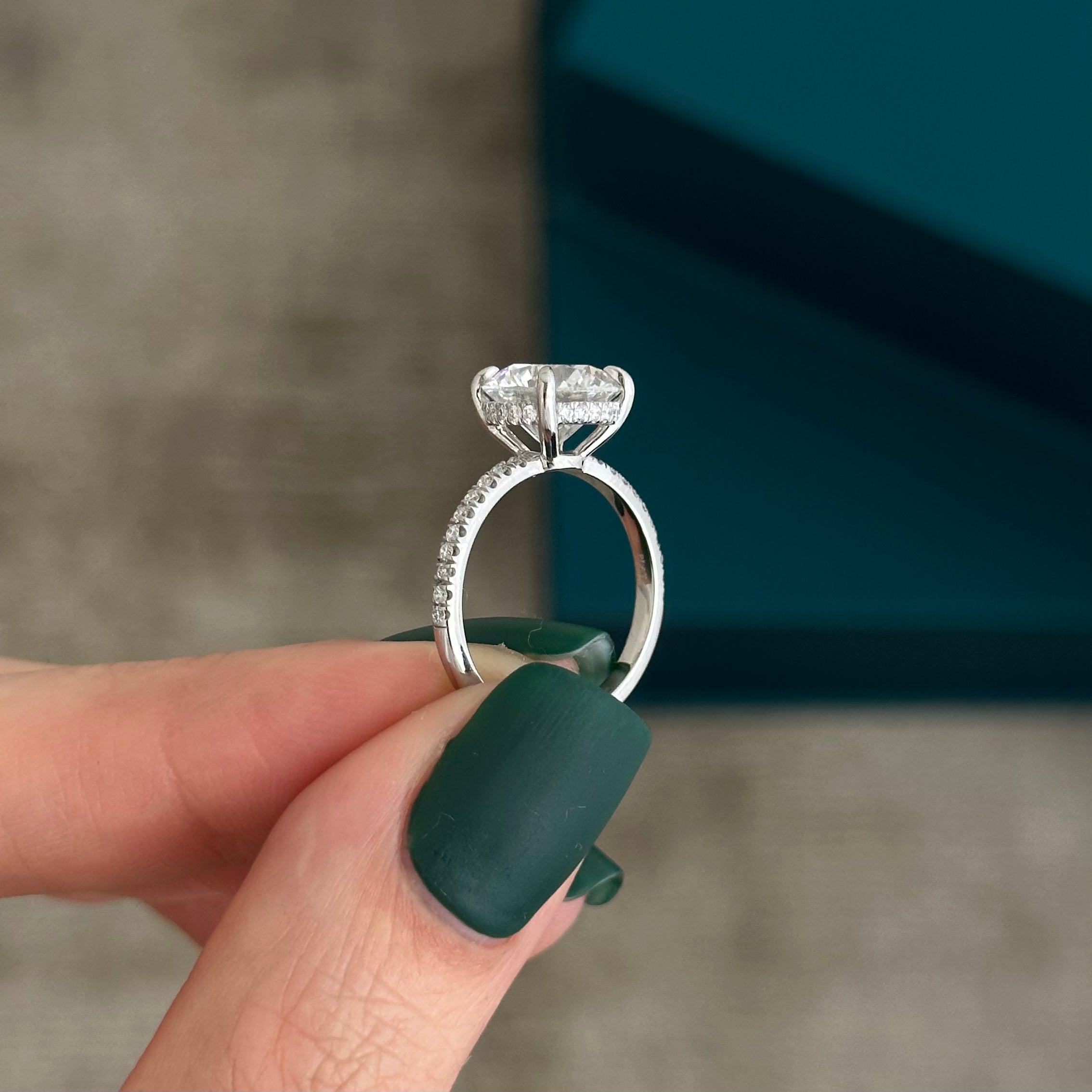 3 carat Round Brilliant cut lab-grown diamond IGI certified, hidden halo engagement ring.