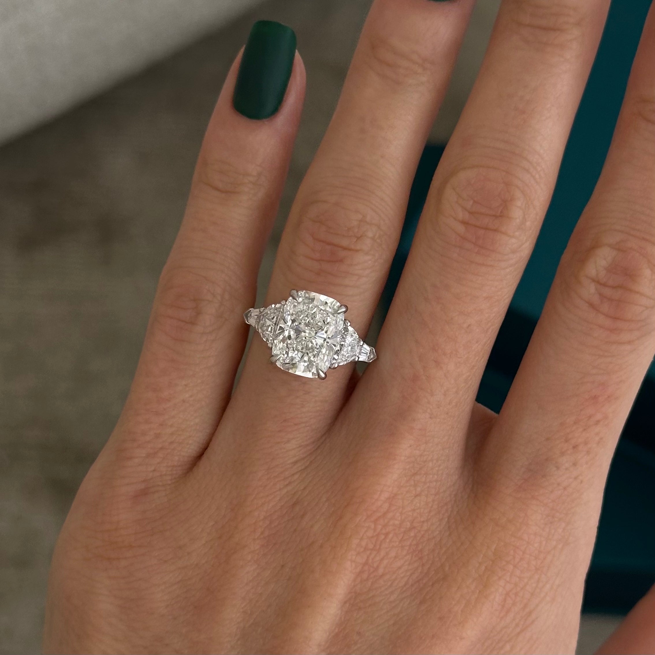 2.5 carat Emerald cut lab-grown diamond IGI certified, three stone engagement ring.