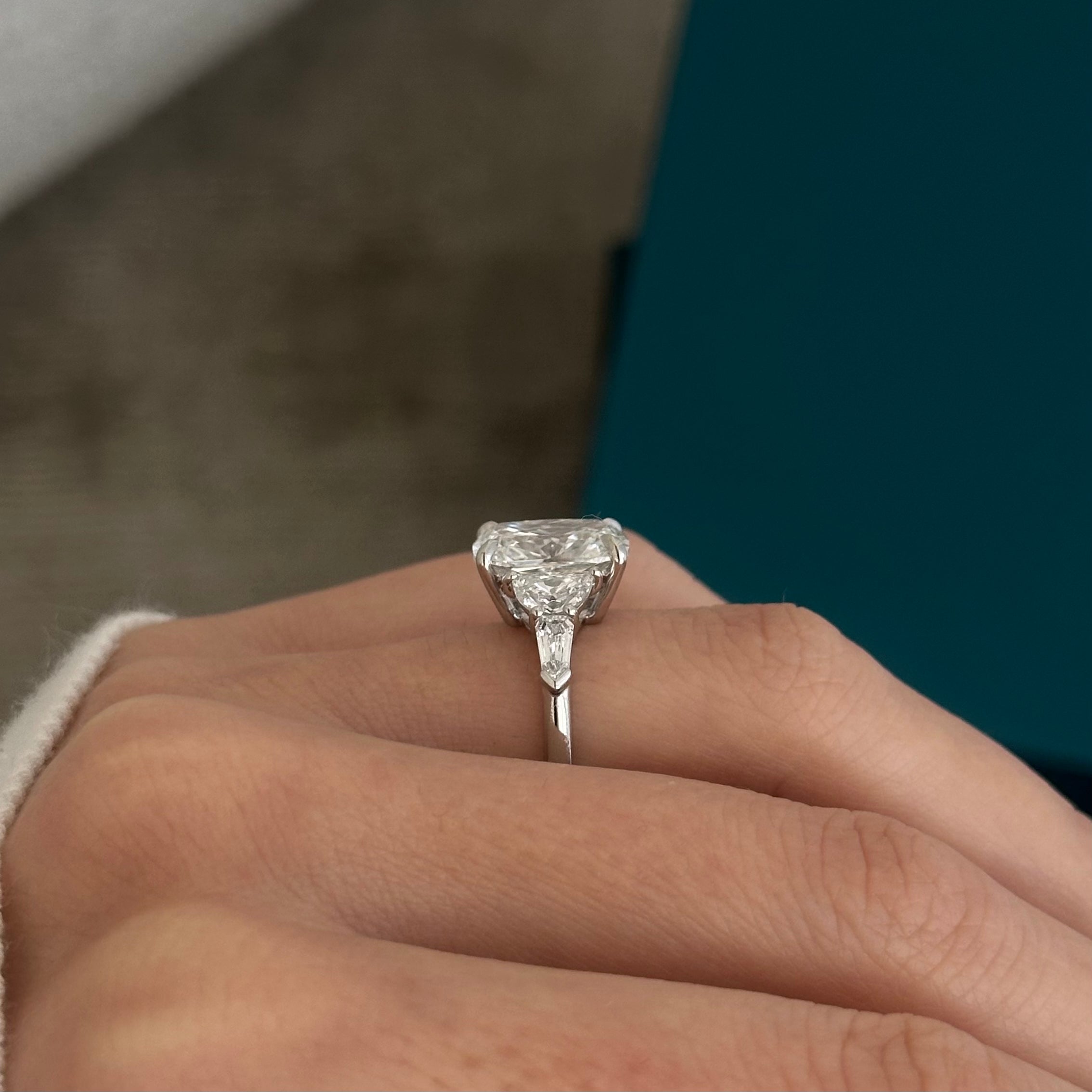 2.5 carat Emerald cut lab-grown diamond IGI certified, three stone engagement ring.