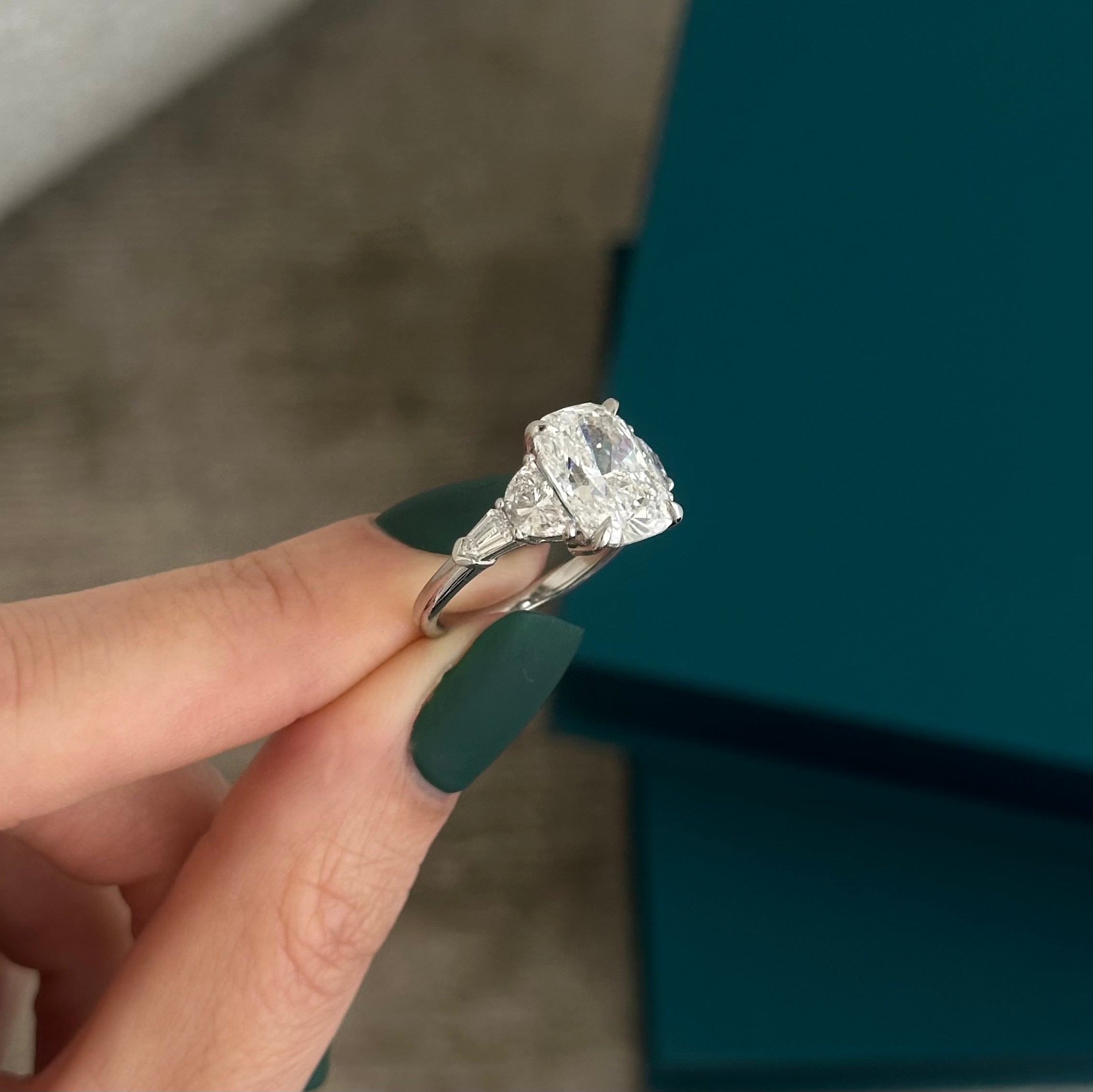 2.5 carat Emerald cut lab-grown diamond IGI certified, three stone engagement ring.