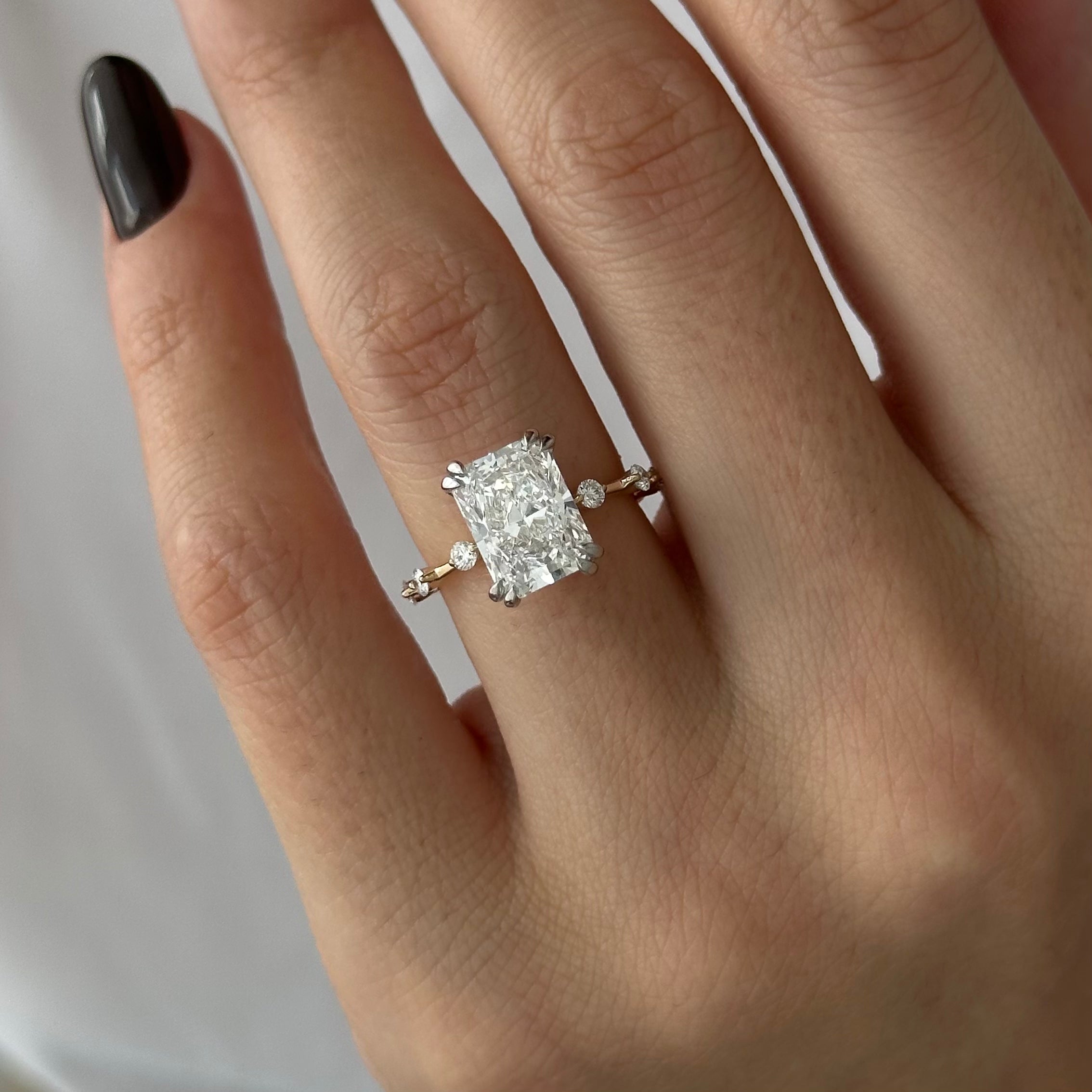 2 carat Elongated Cushion cut lab-grown diamond IGI certified, side stones engagement ring.