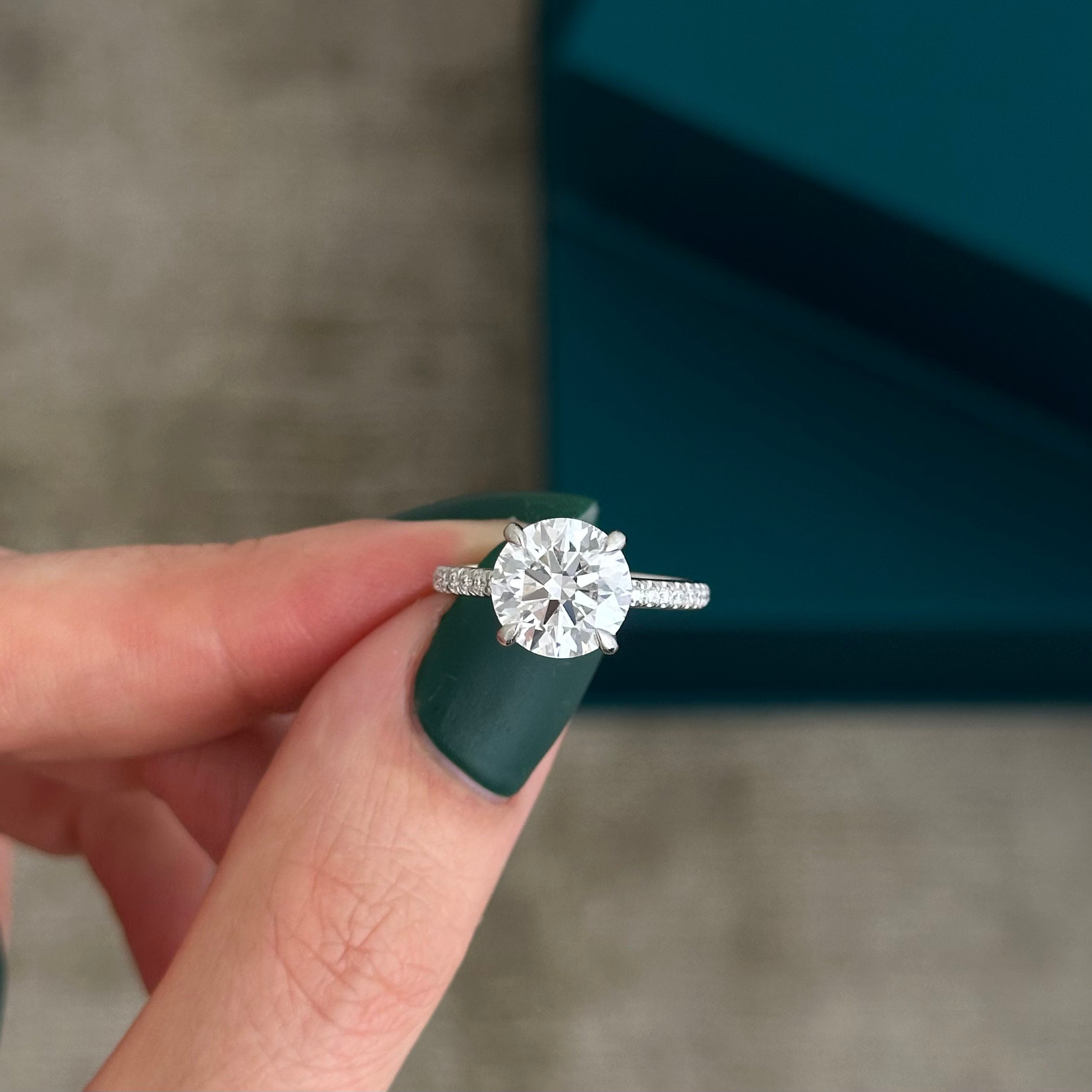 3 carat Round Brilliant cut lab-grown diamond IGI certified, hidden halo engagement ring.