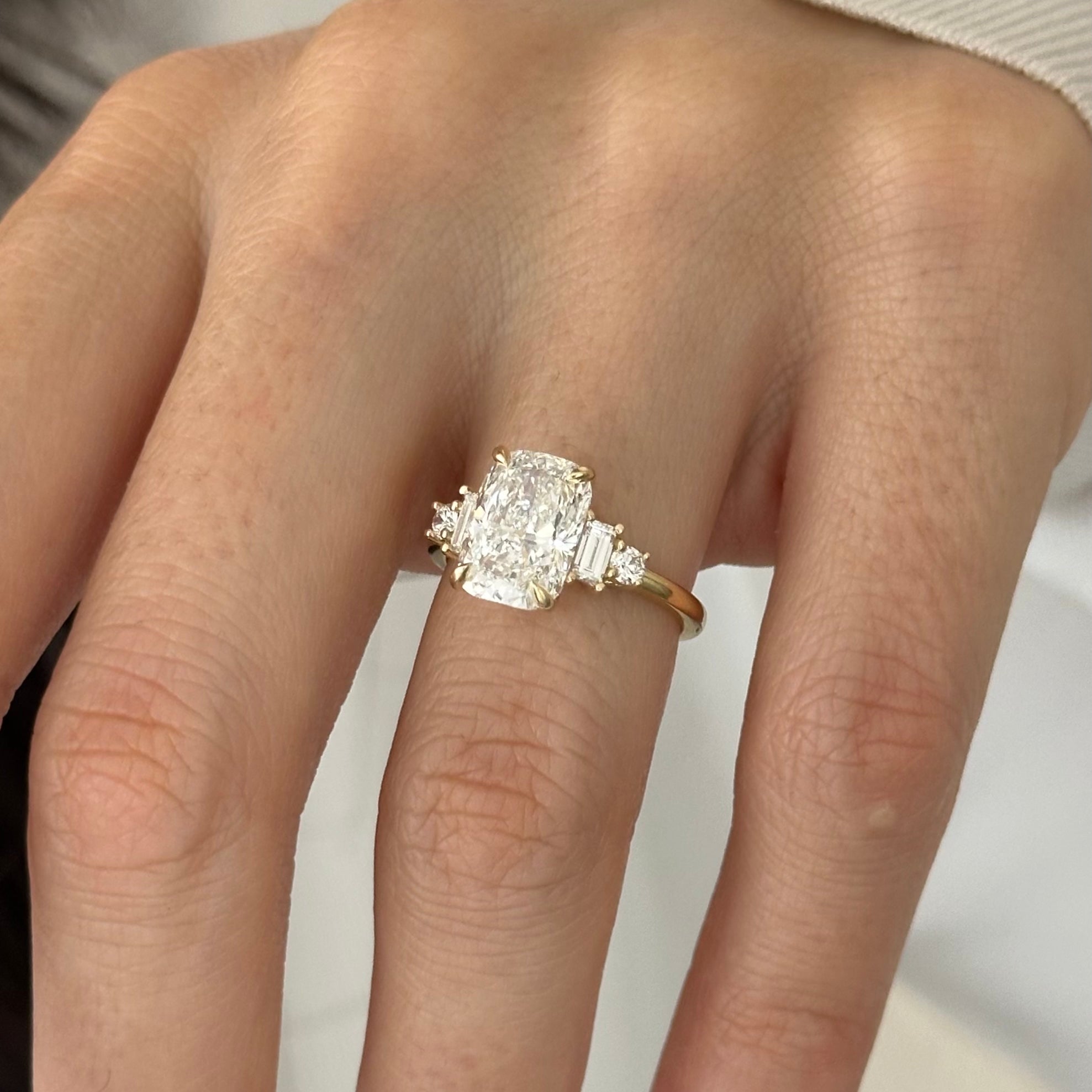 3 carat Elongated Cushion cut lab-grown diamond IGI certified, side stones engagement ring.