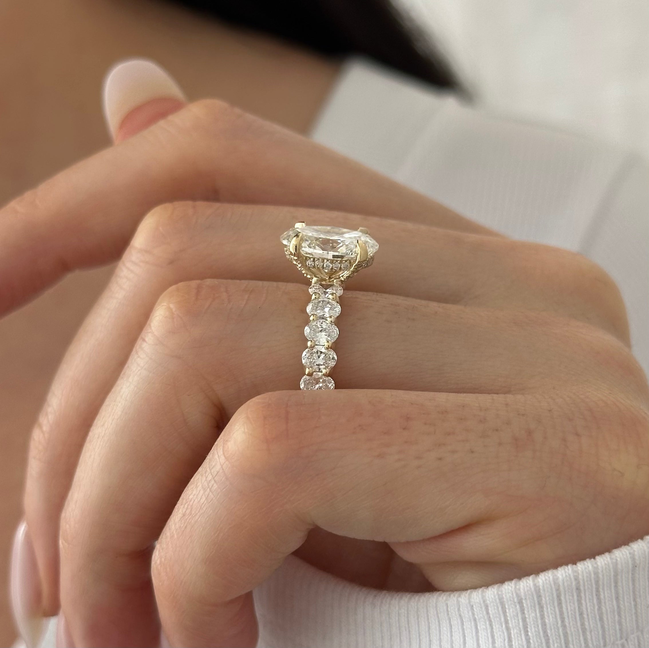 5 carat Oval cut lab-grown diamond IGI certified, side stones engagement ring.