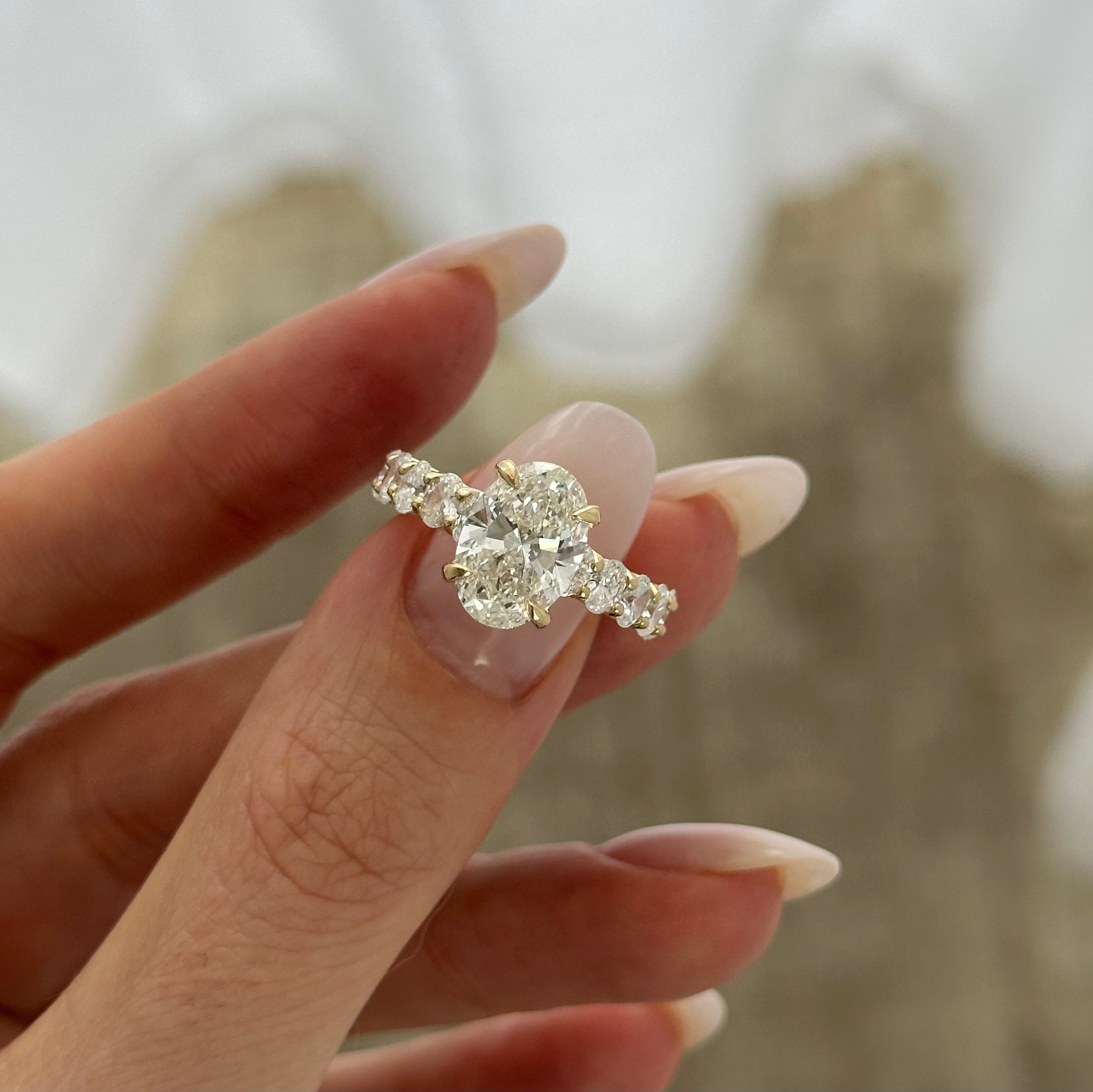 5 carat Oval cut lab-grown diamond IGI certified, side stones engagement ring.
