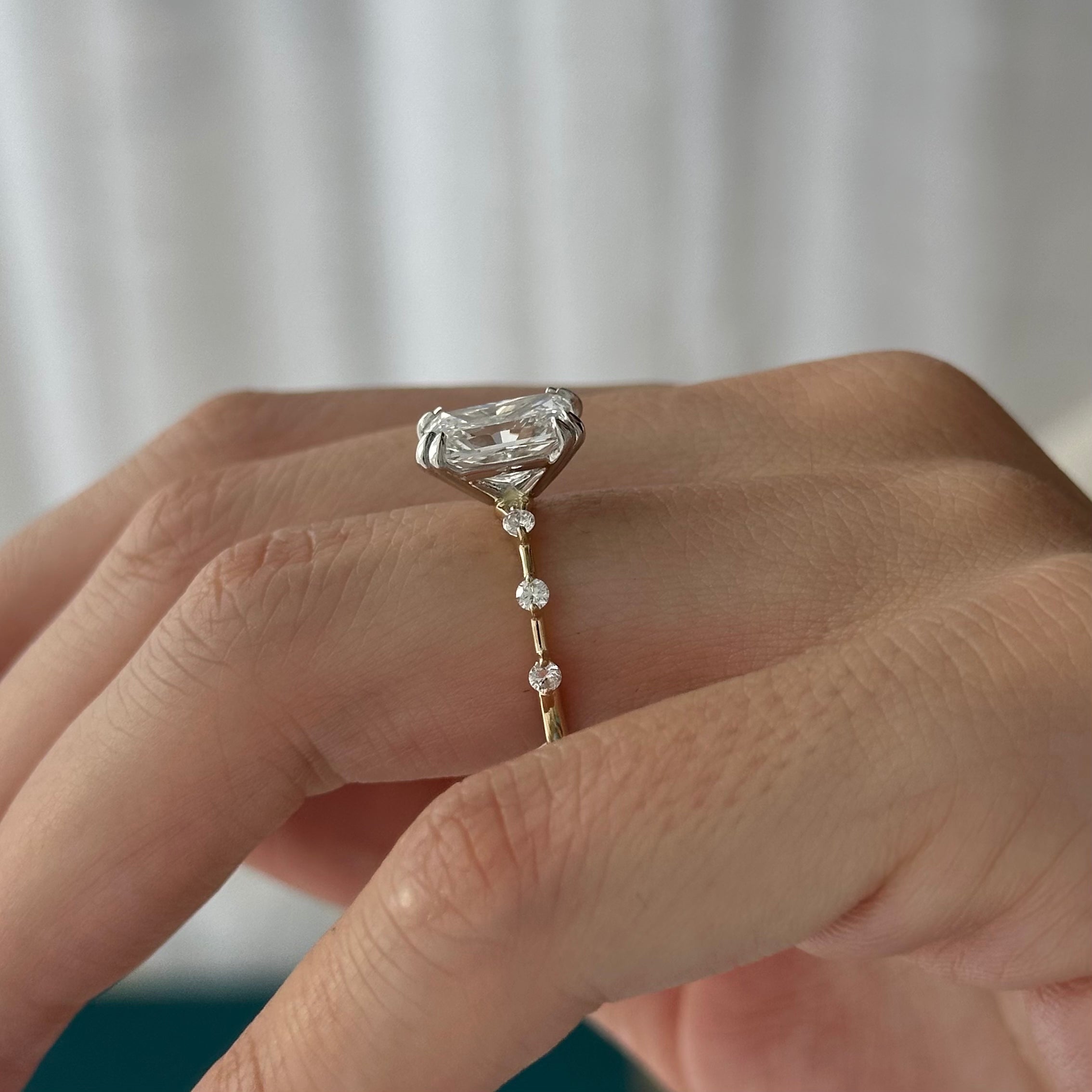 2 carat Elongated Cushion cut lab-grown diamond IGI certified, side stones engagement ring.