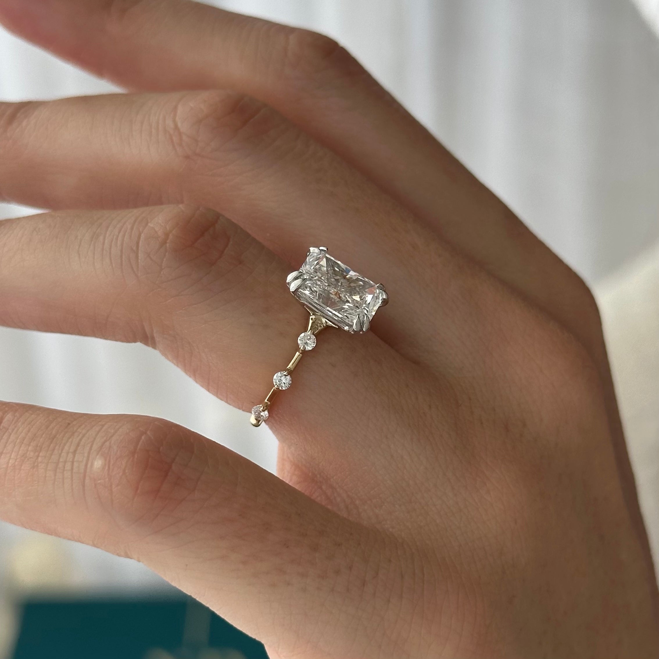 2 carat Elongated Cushion cut lab-grown diamond IGI certified, side stones engagement ring.